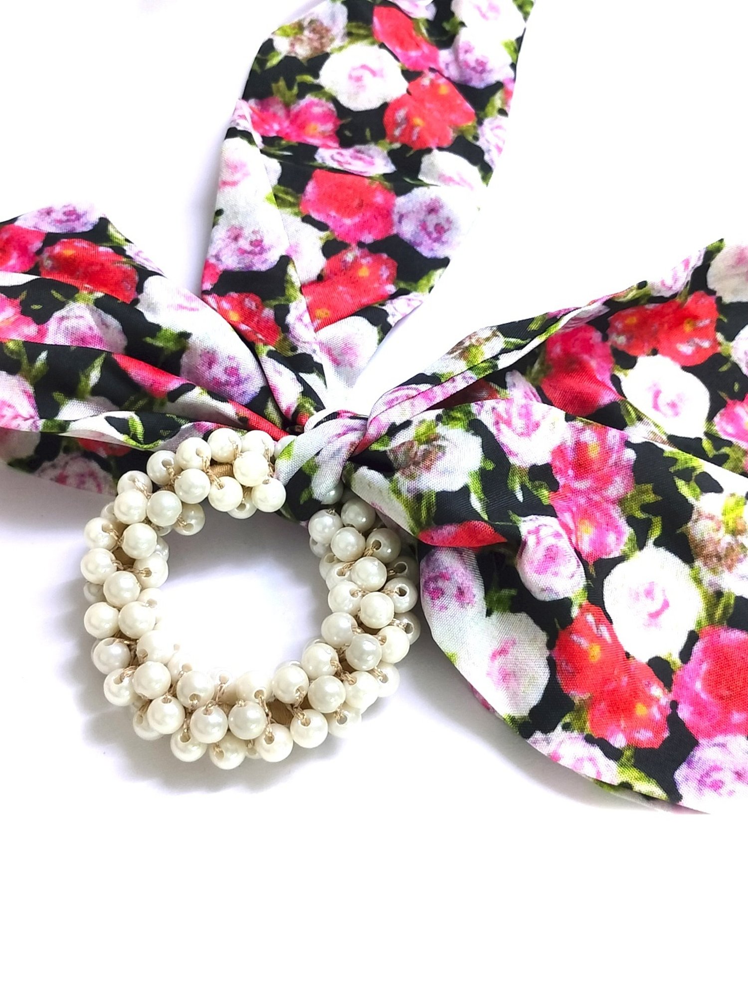 OOMPH Pink Satin & Pearls Hair Tie Scarf Scrunchy