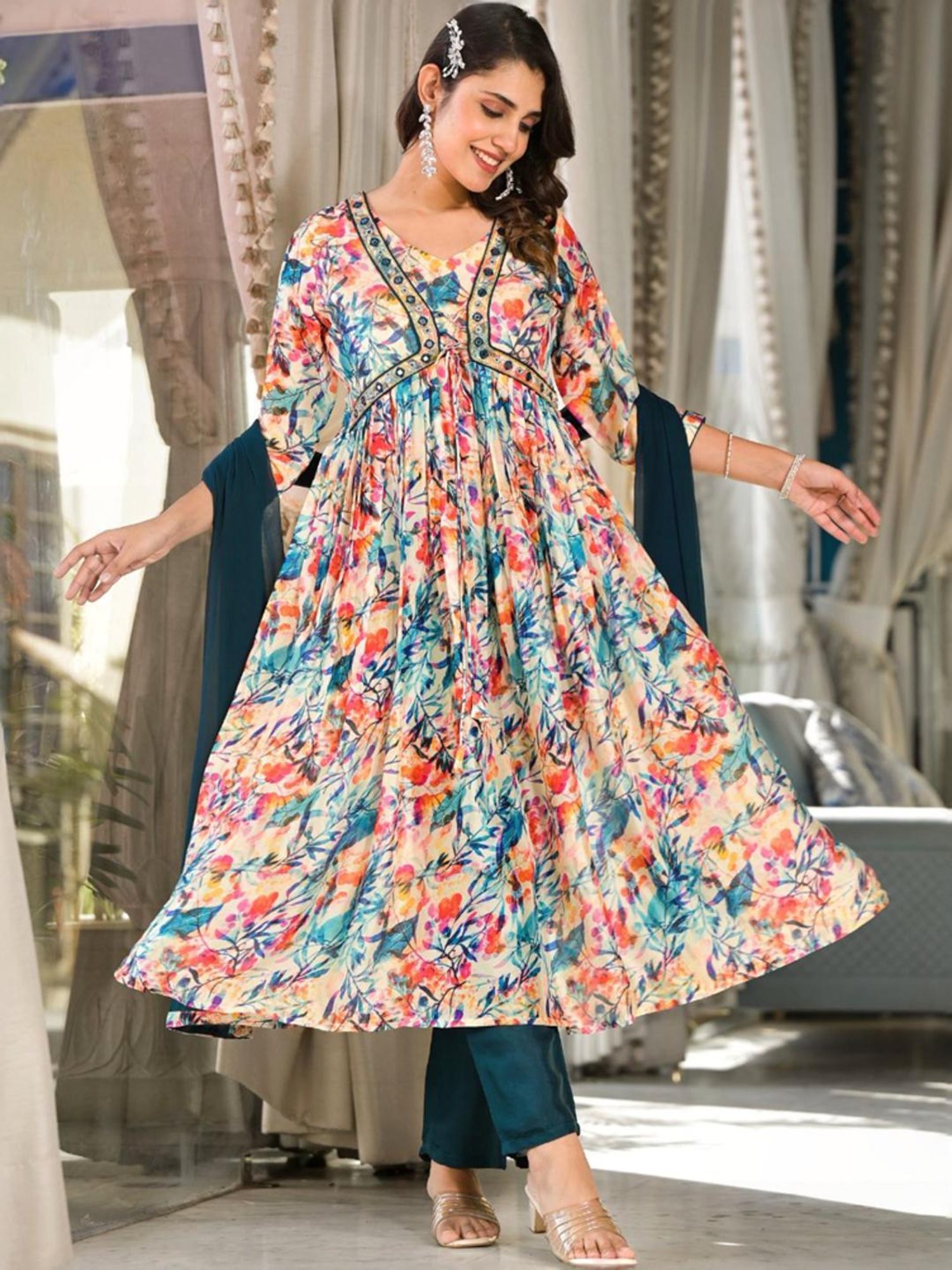 Odette Beige & Green Floral Print Kurta Pant Set With Dupatta