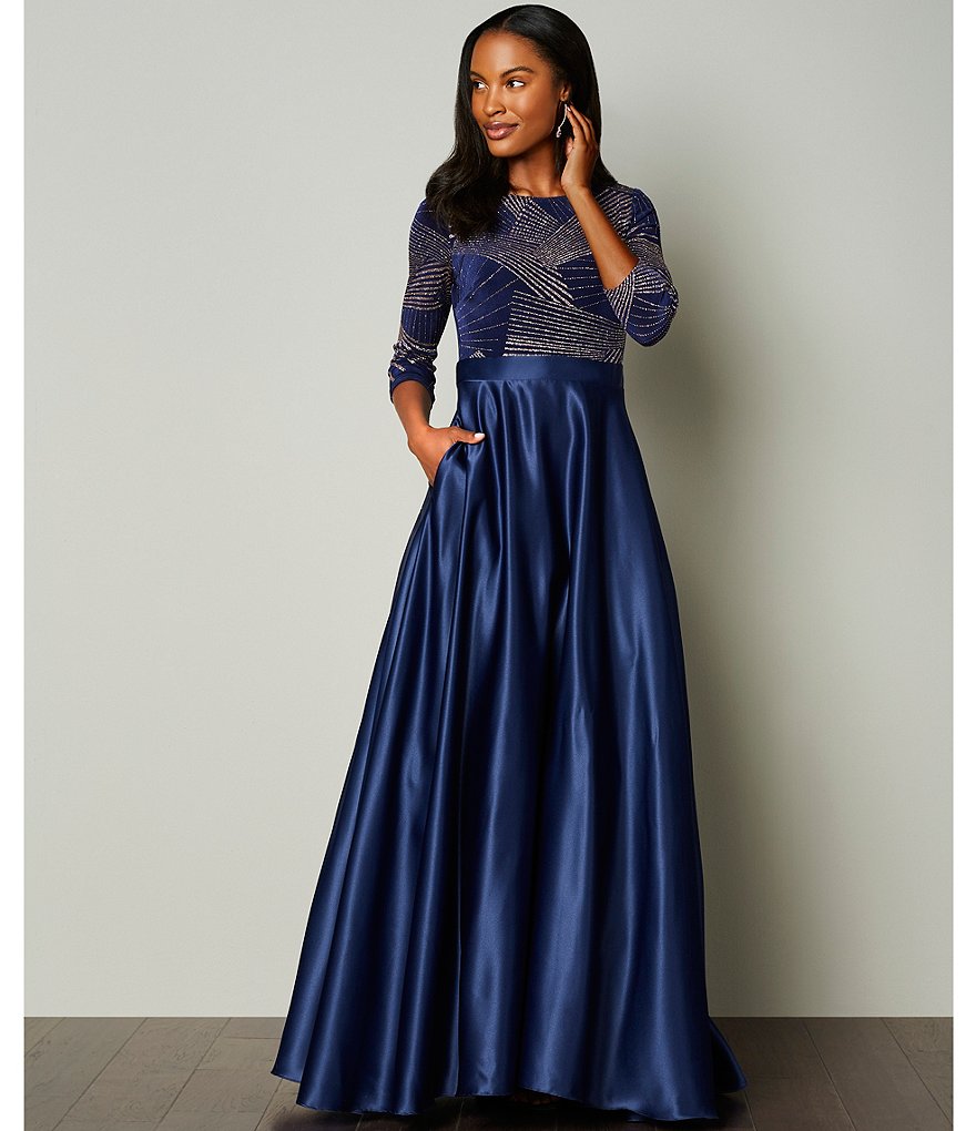 Jkara Chiffon Popover Beaded V-Neck 3/4 Capelet Sleeve Gown