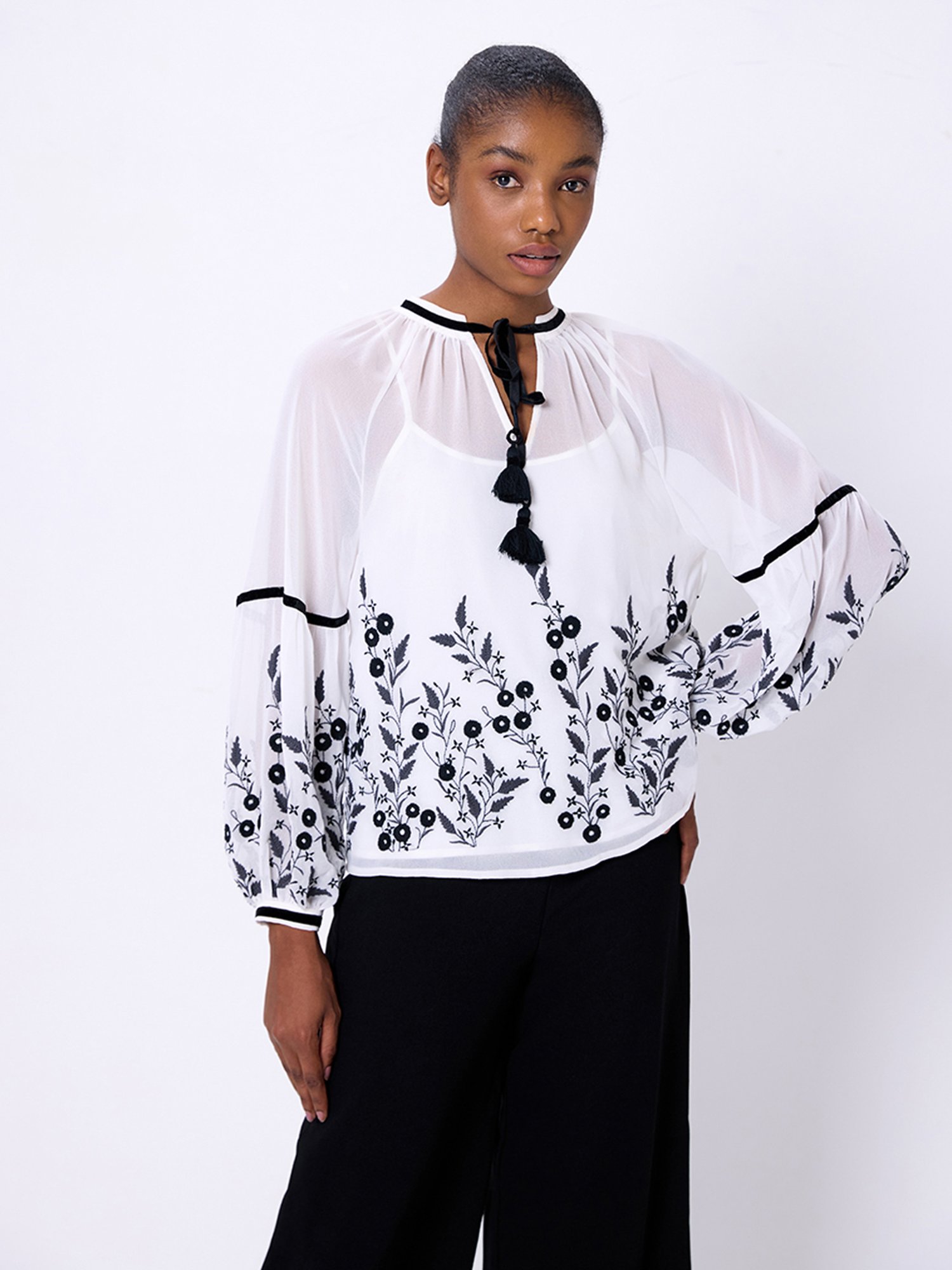 Cover Story White & Black Embroidered Top