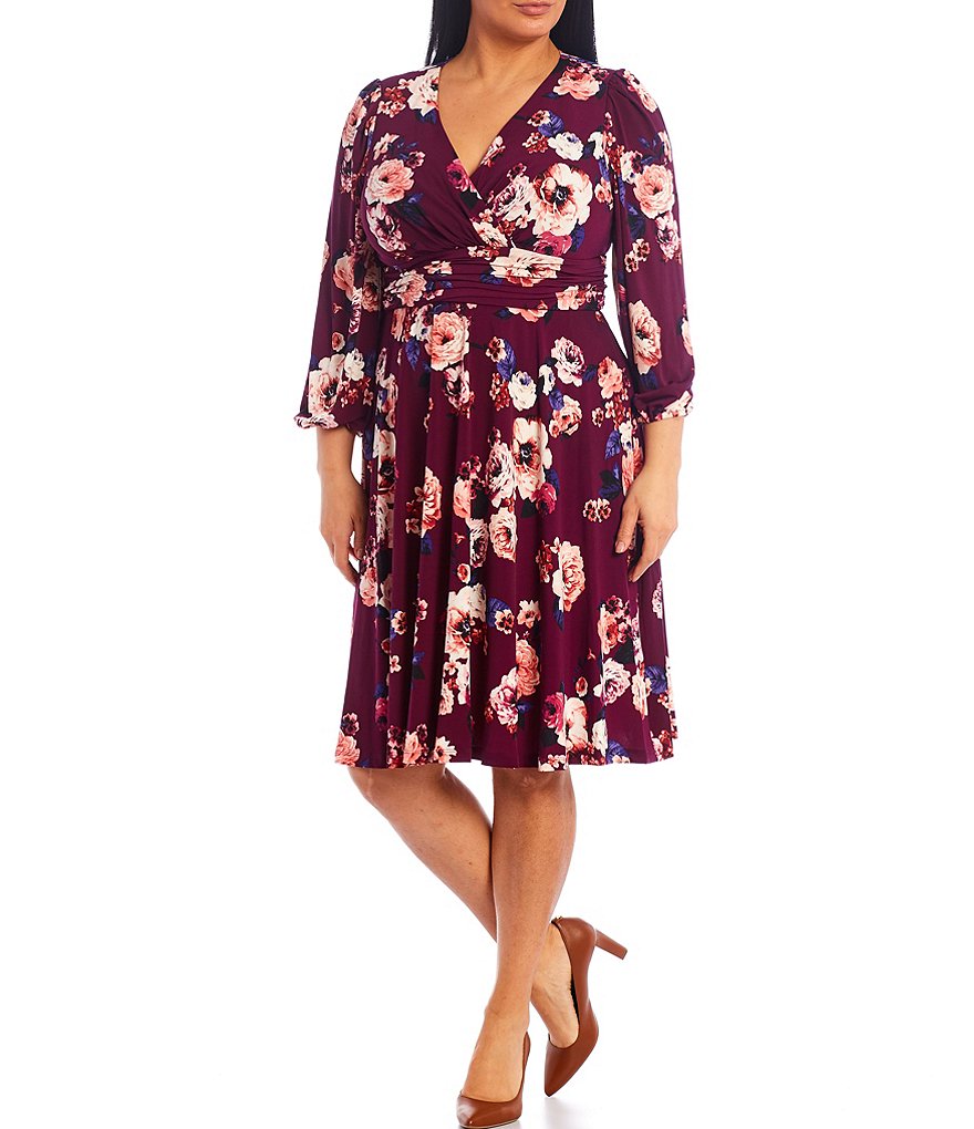 Eliza J Plus Size 3/4 Sleeve Floral V-Neck Dress