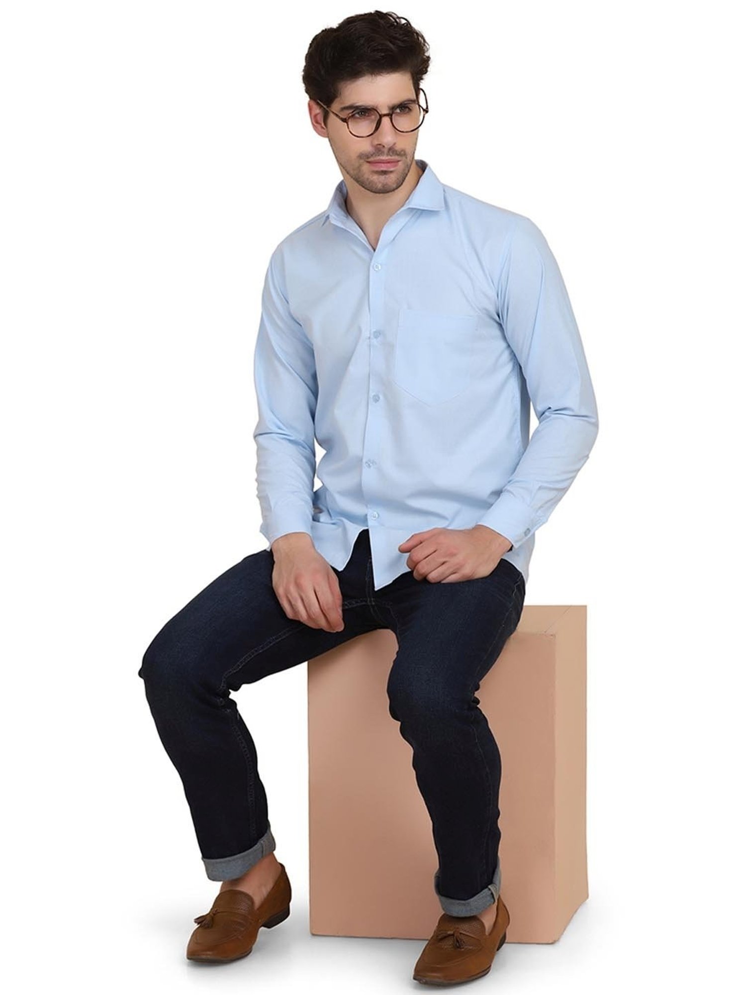 TAHVO Blue Cotton Slim Fit Shirt