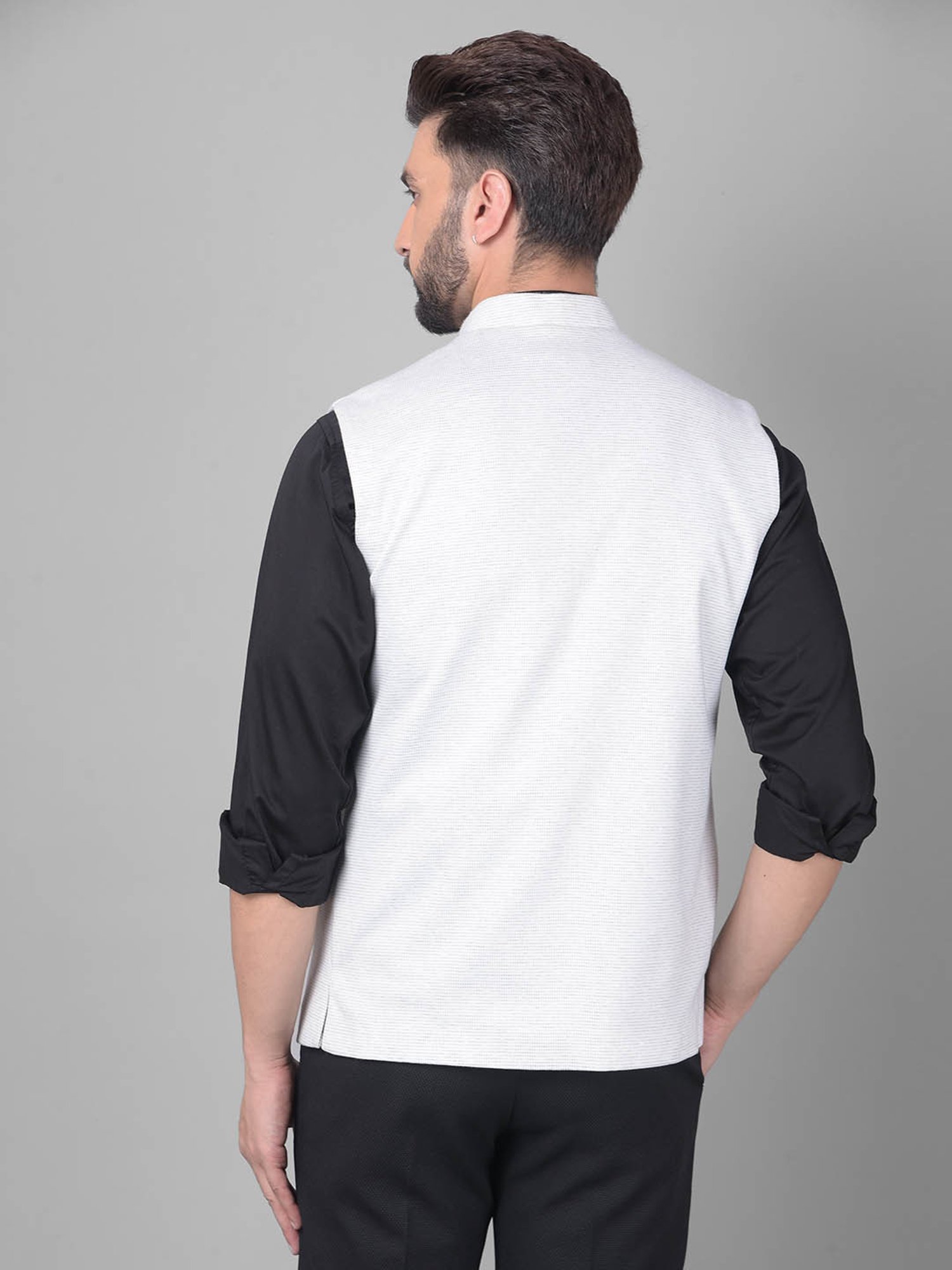 Crimsoune Club Off White Slim Fit Striped Nehru Jacket