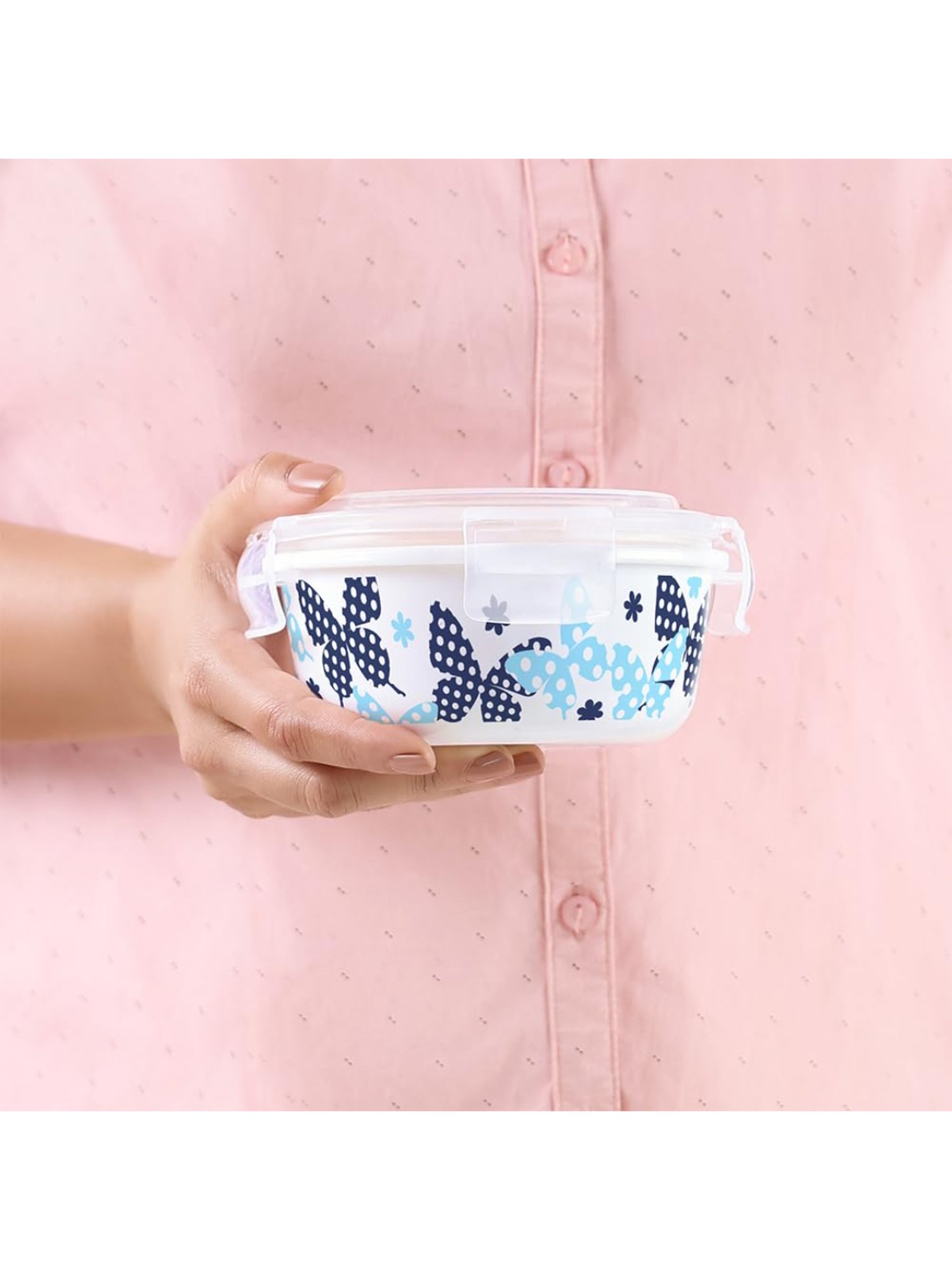 Larah by Borosil Blue Opalware Lunch Box with Lunch Bag
