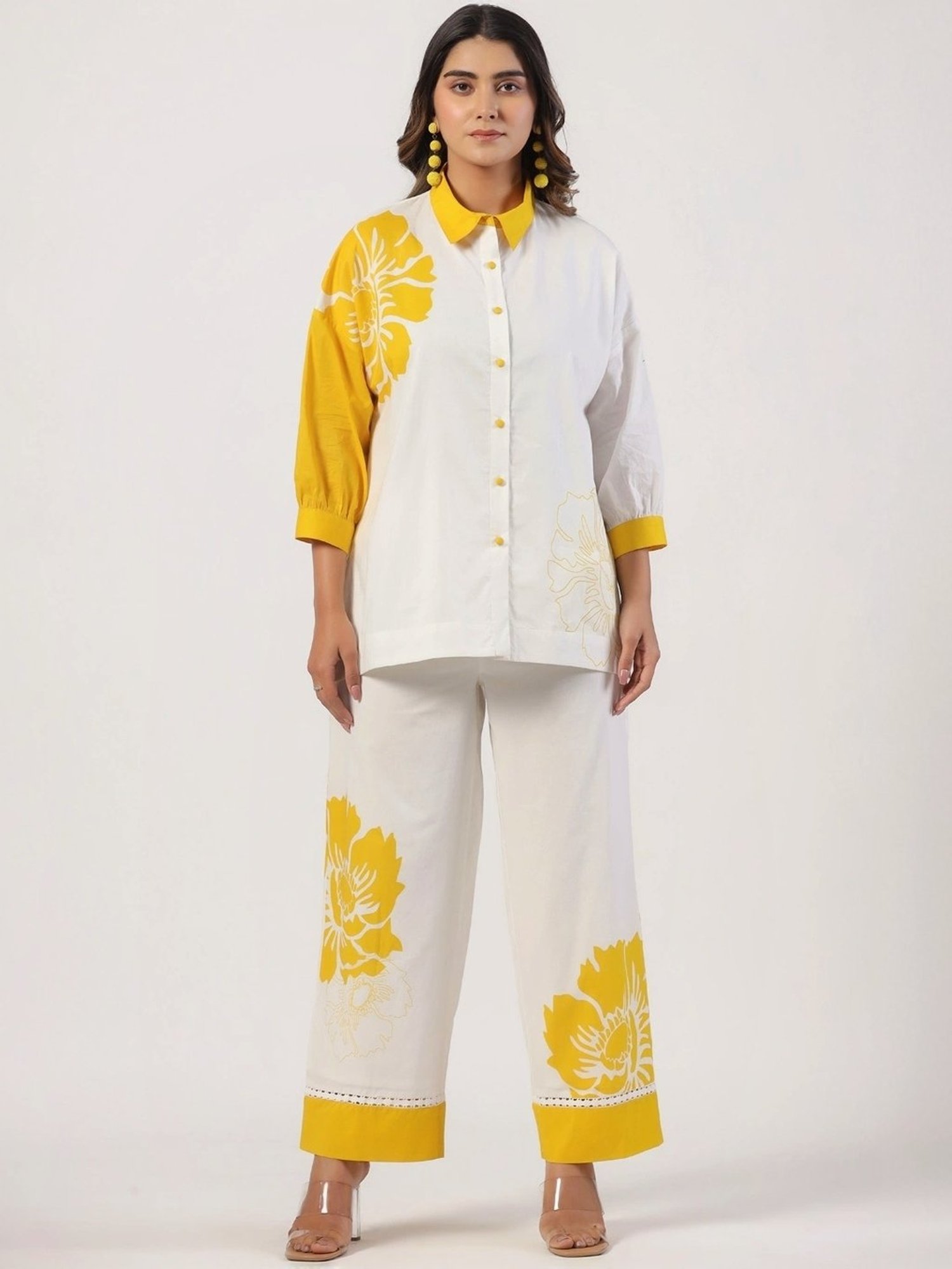Zolo Label White Cotton Floral Print Shirt Palazzo Set
