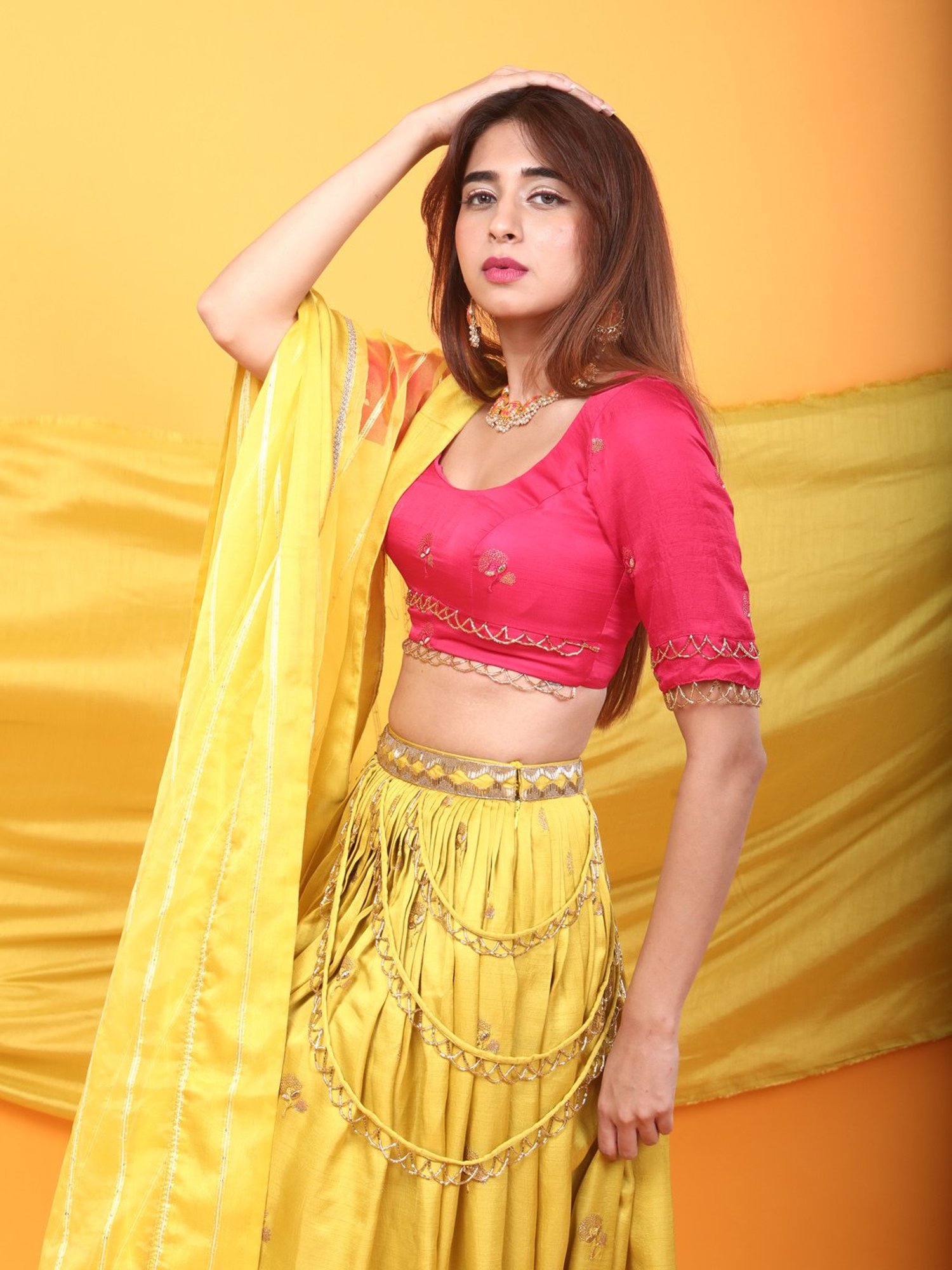 Monk & Mei Gulkari Lehenga and Blouse Set-Fuchsia Pink & Canary Yellow