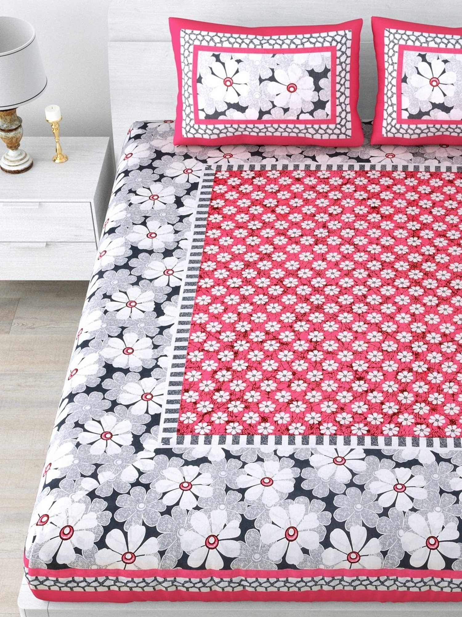 Living Roots Jaipuri Pink & Grey 210 TC Cotton Queen Bed Sheet with 2 Pillow Covers