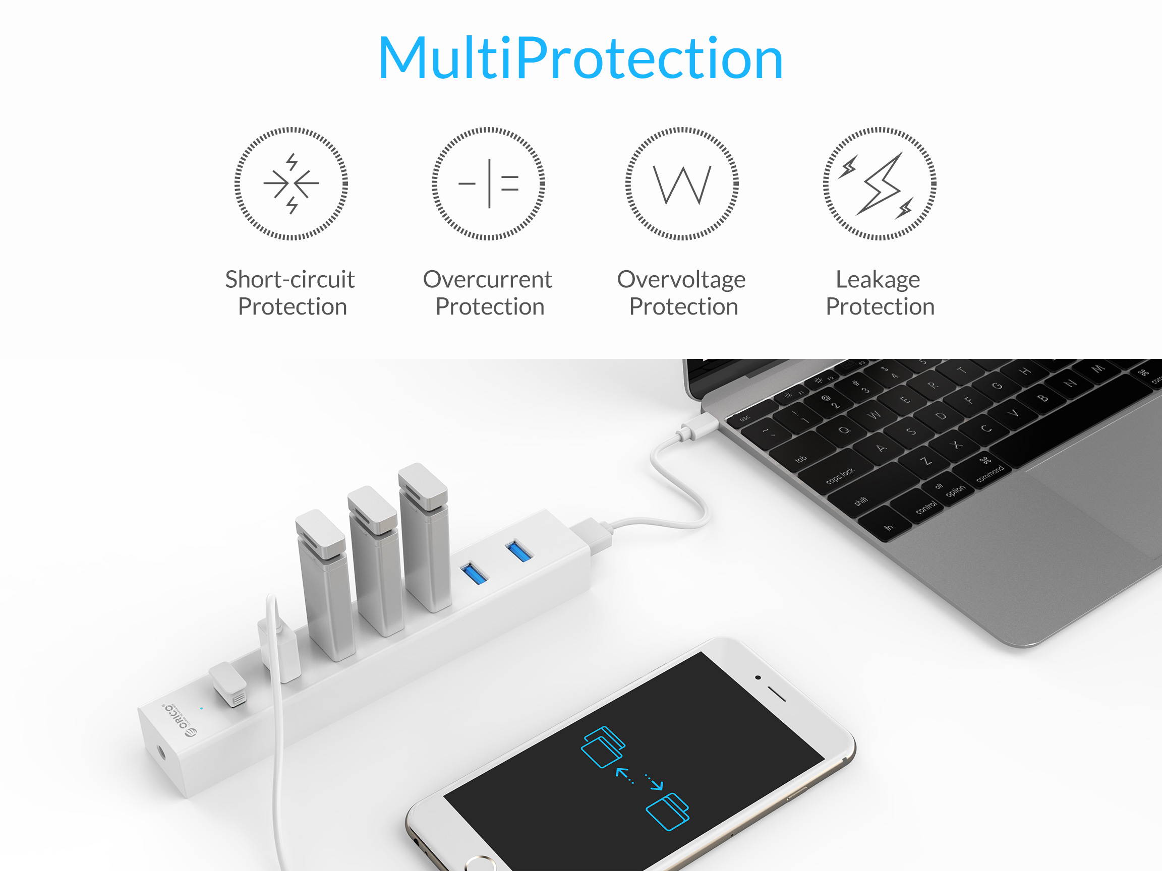 ORICO Super Speed USB 3.0 7 Port Hub with 3.3Ft. Power Cord and Data Cable - (ORICO H7013-U3-V1-BK) Black