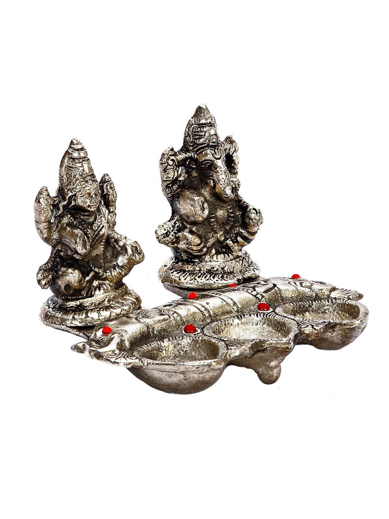 Aapno Rajasthan Silver Metal Laxmi Ganesh with 3 Diyas in front