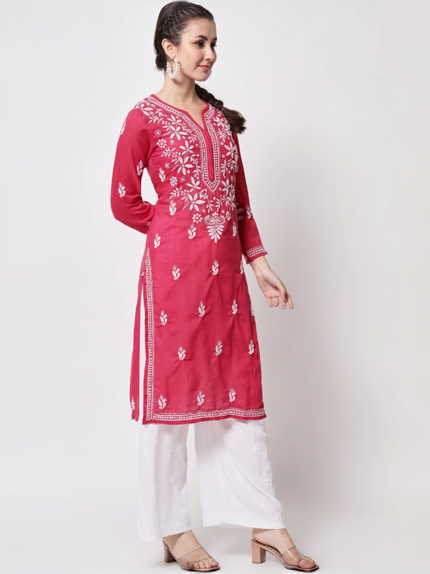 PARAMOUNT CHIKAN Magenta Pink Cotton Hand Embroidered Chikankari Straight Kurta