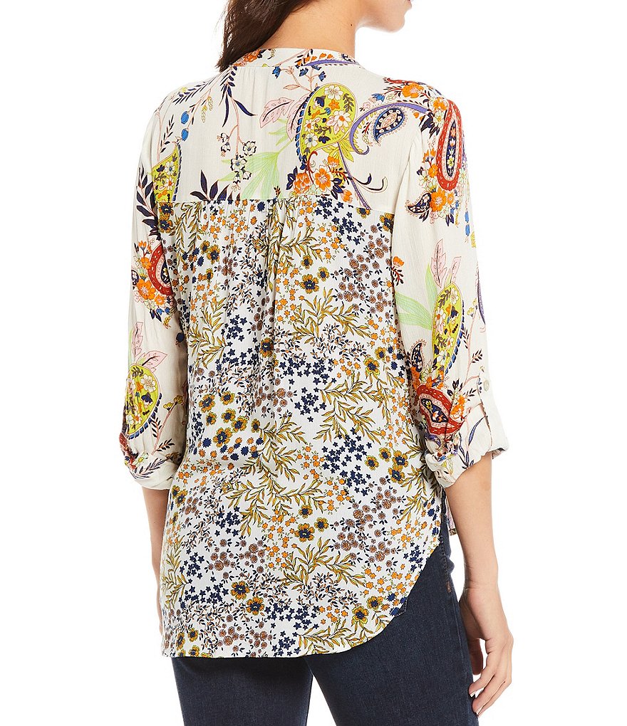 Figueroa & Flower Roxy Paisley Print Roll-Tab Sleeve Button Down Tie-Front Top