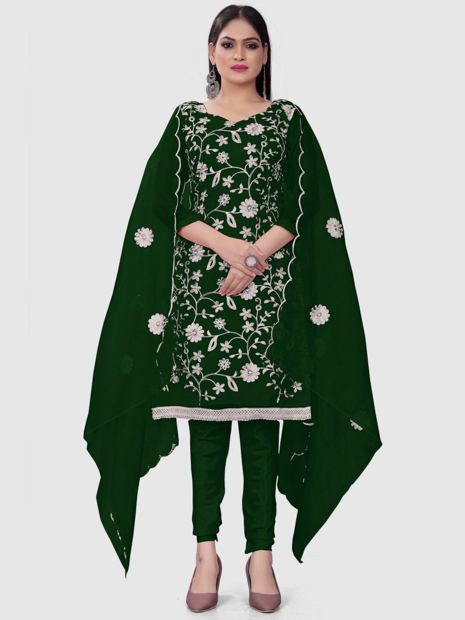 APNISHA Green Embroidered Unstitched Dress Material