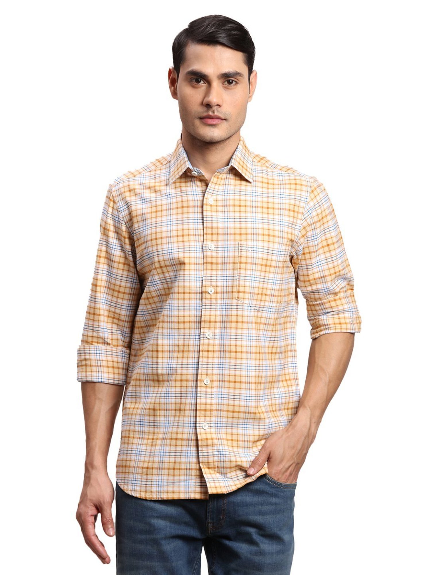 ColorPlus Yellow Cotton Regular Fit Checks Shirt