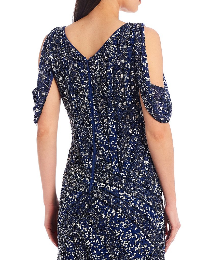 Aidan Mattox V-Neck Beaded Cold Shoulder Gown