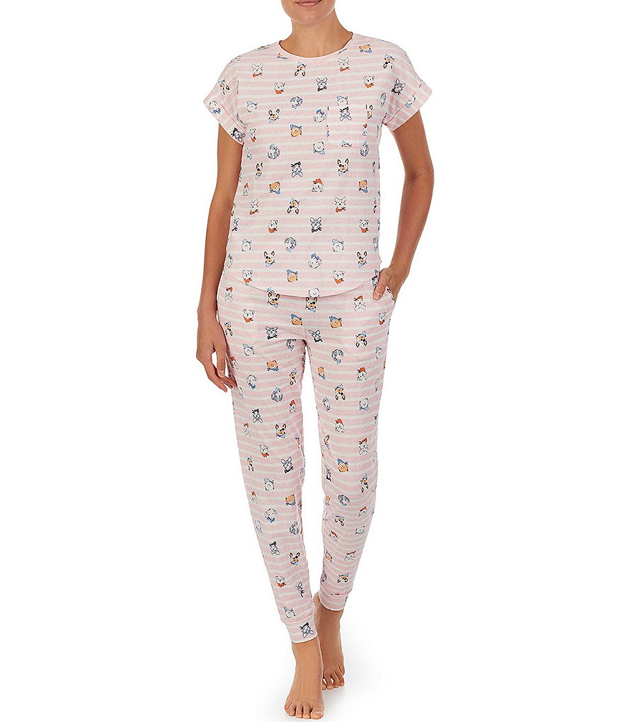 Jane & Bleecker New York Pups & Stripes Print Jersey Knit Jogger Coordinating Pajama Set