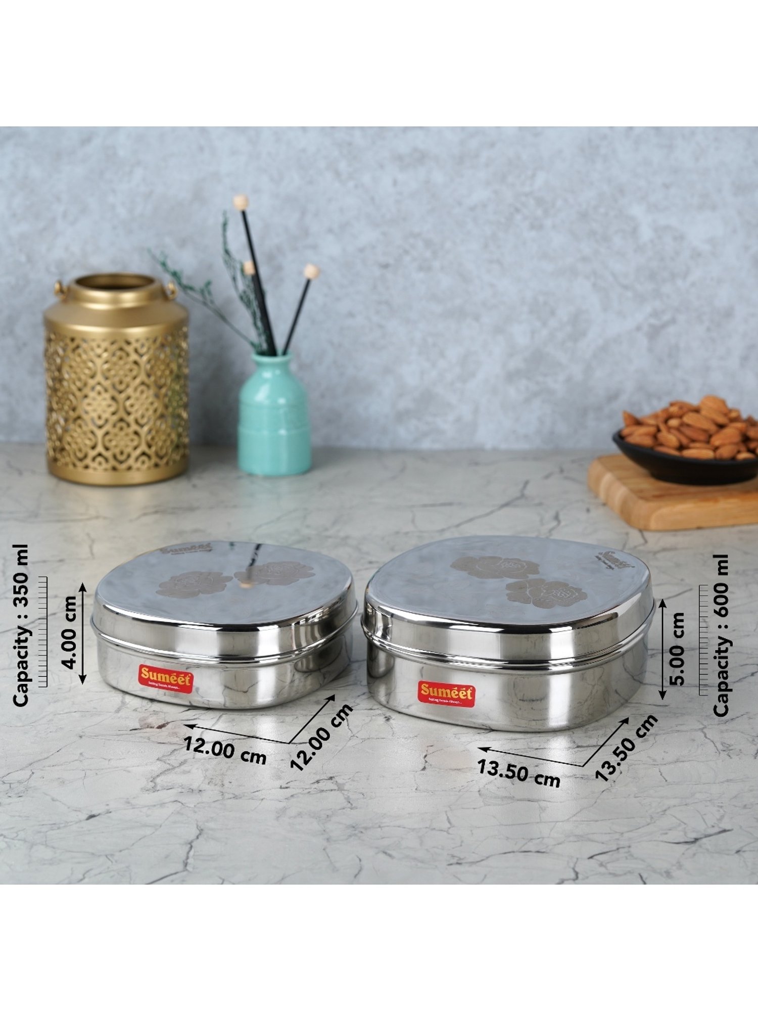 Sumeet S.S Square Storage containers box/Dabba for Kitchen,Set of 2Pc, 350ml & 600ml, 12cm & 13.5cm