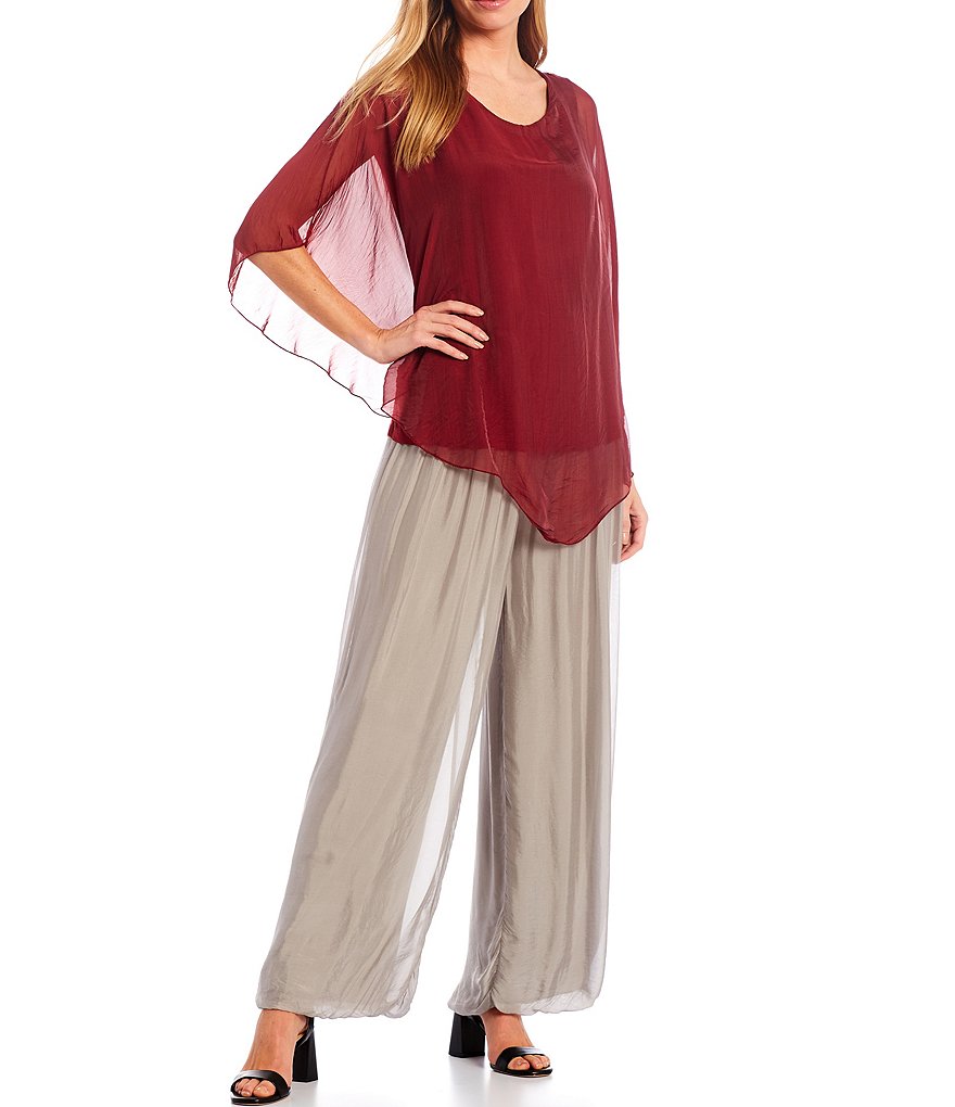 M Made in Italy 3/4 Sleeve Asymmetrical Hem Silky Woven Top