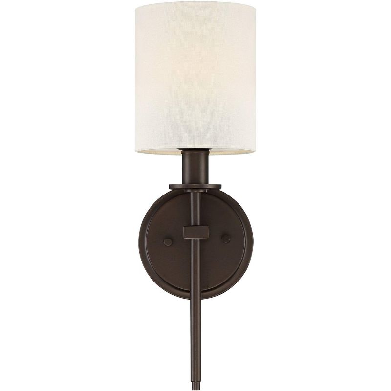 Barnes and Ivy Modern Swing Arm Wall Lamp Antique Brass Plug-In Light Fixture Taupe Fabric Bell Shade Bedroom Living Room Reading