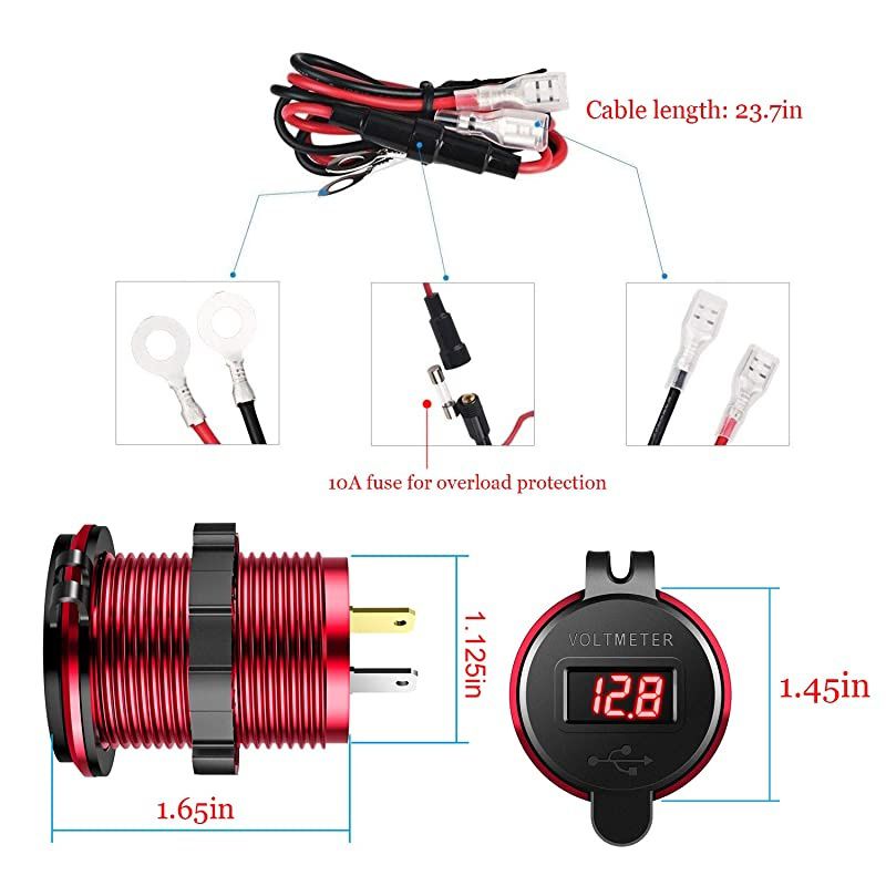 Quick Charge 30 Dual USB Charger Socket Waterproof Power Outlet Fast Charge with LED Voltmeter amp Wire Fuse DIY Kit for 12V24V Car Boat Marine ATV Bus Truck and More Red