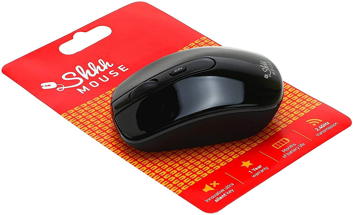 ShhhMouse Wireless Silent Noiseless Clickless Mobile Optical Mouse with USB Receiver & Battery, Portable & Compact, 3 Adjustable DPI Levels For Notebook, PC, Computer, Laptop, MacBook - Black