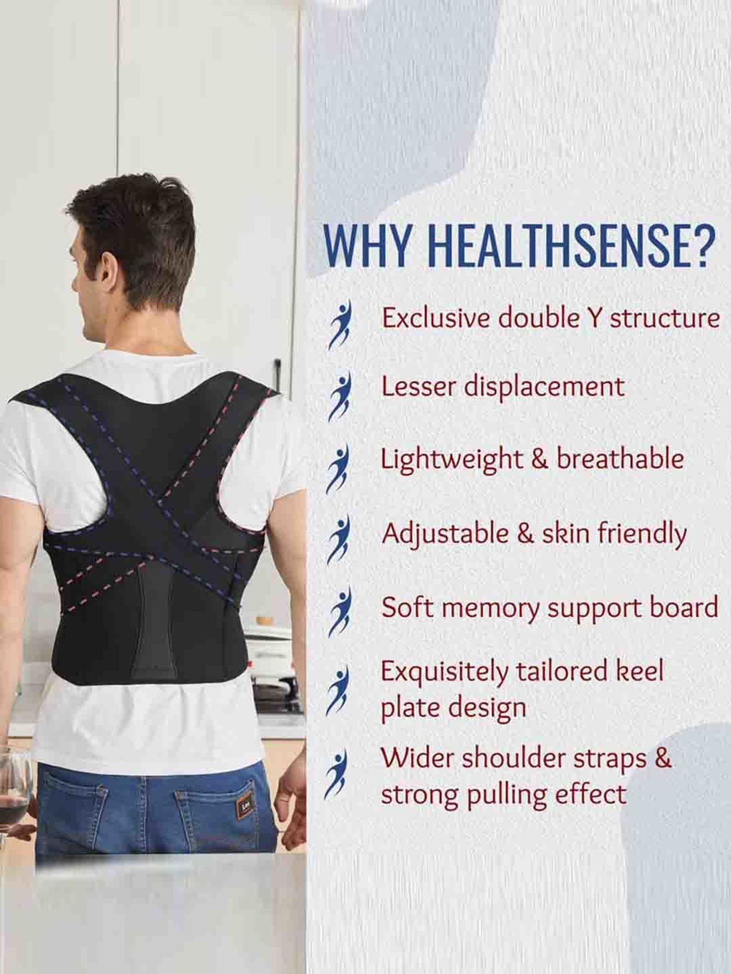 HealthSense Posture Corrector for Men, Back Pain Relief with Back Support Belt (Large) - Black
