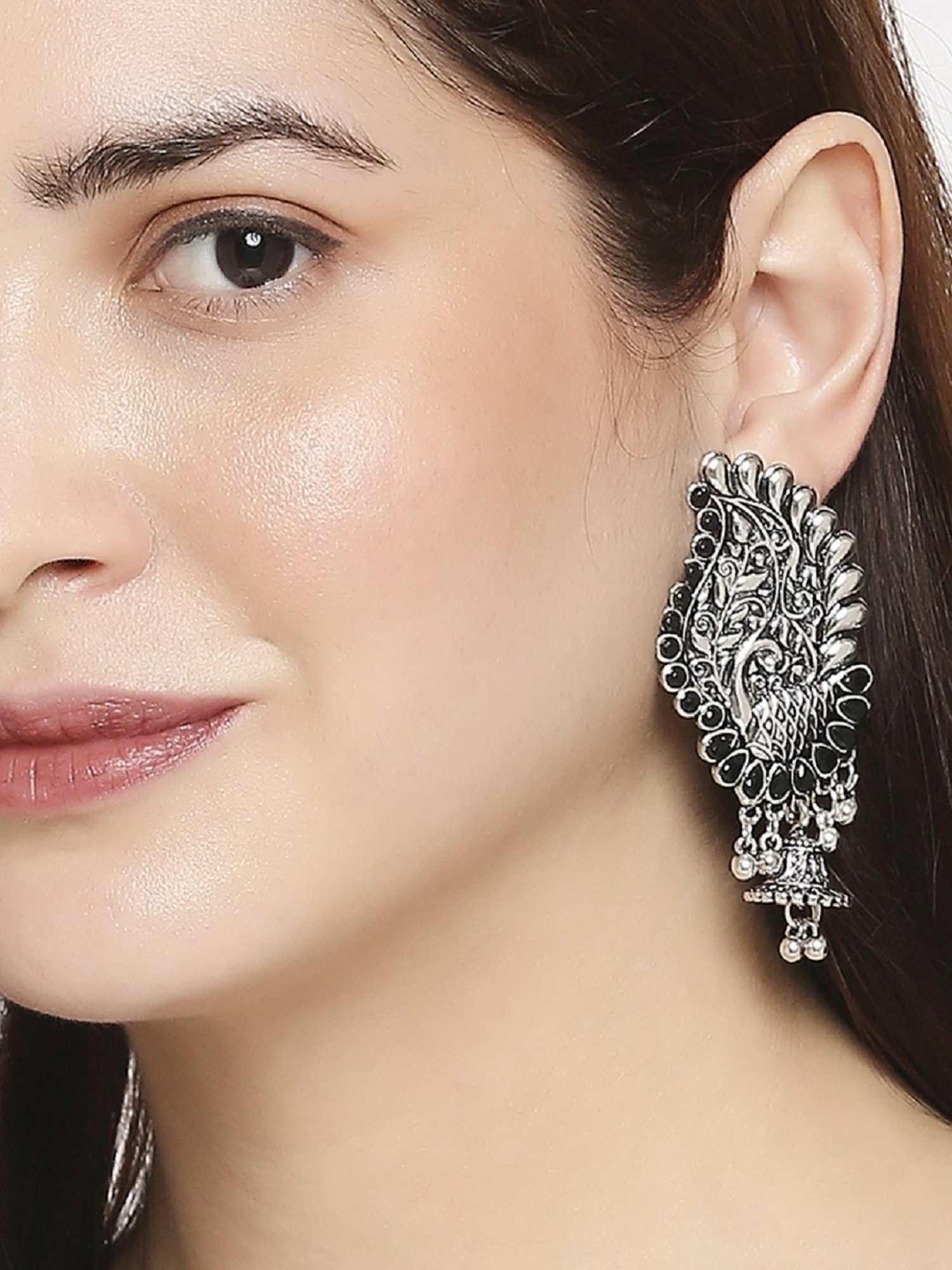 Oomph Oxidized Silver Tone Peacock Shape Jhumki Earrings