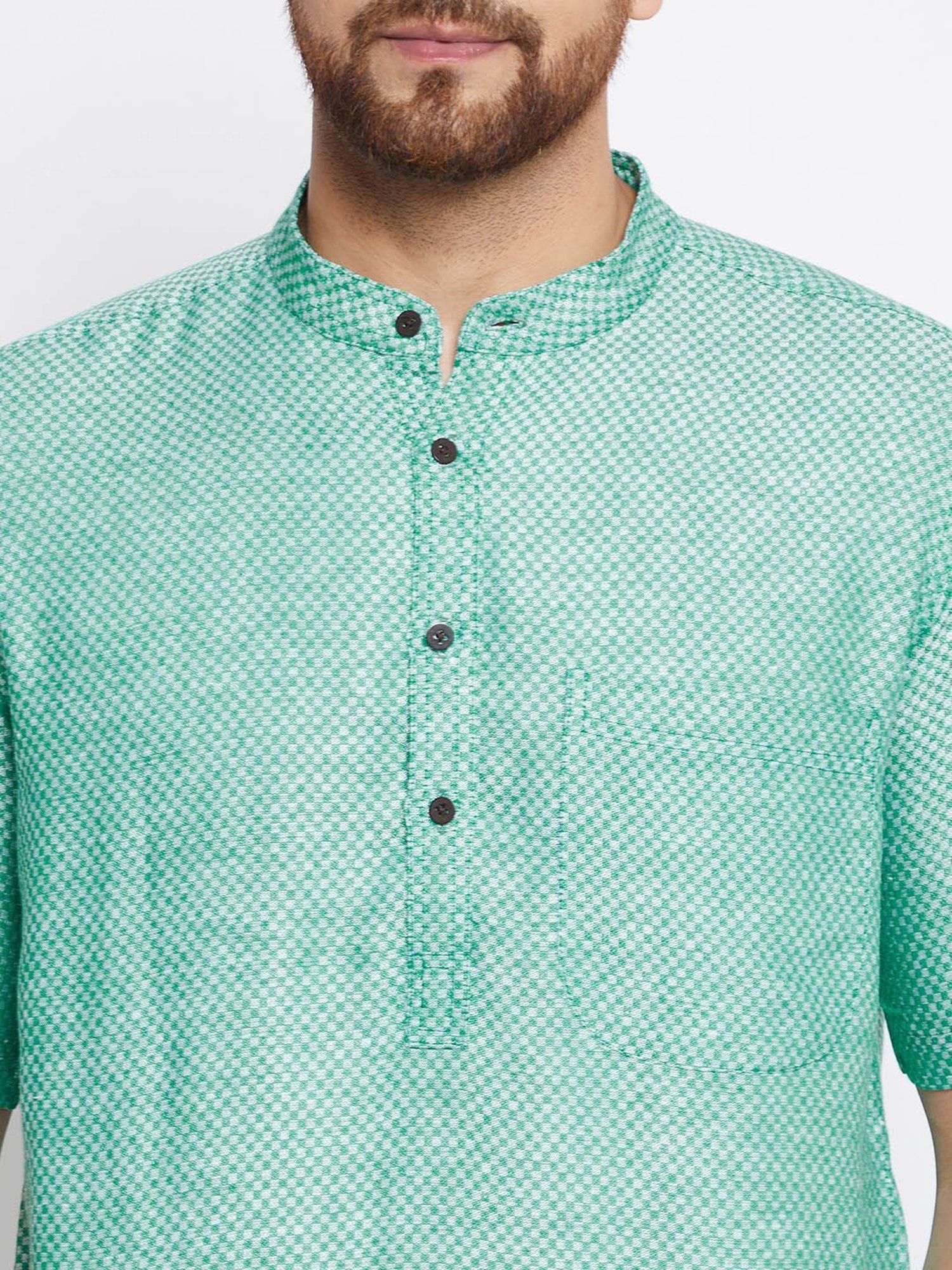 Even Green Self Design Mandarin Collar Kurta