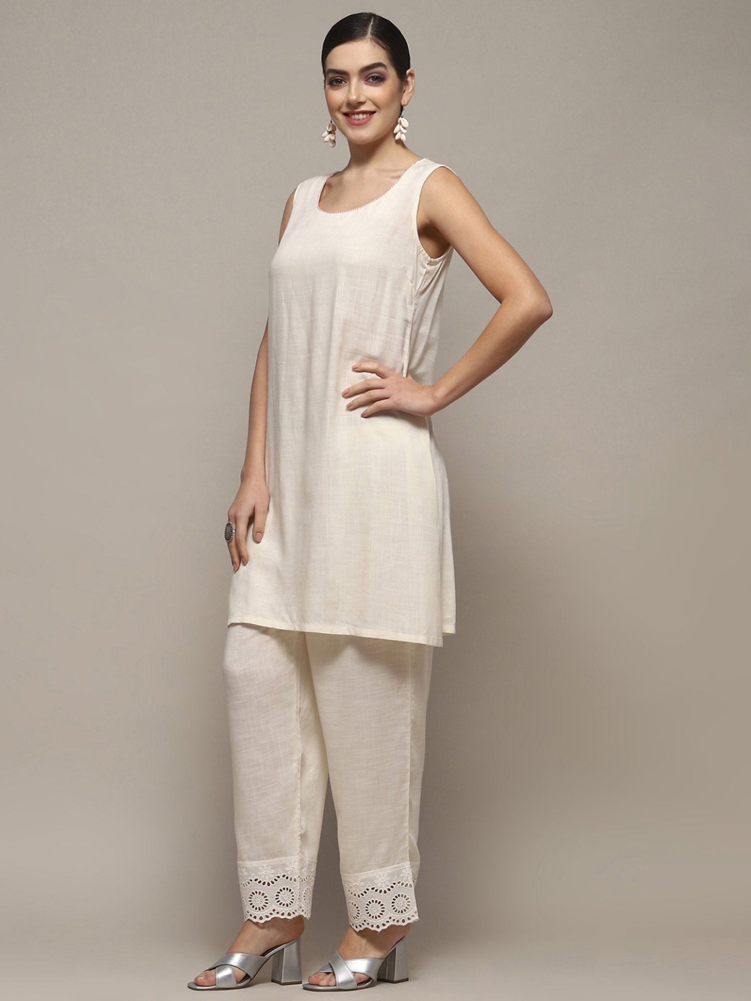 Biba Pink & White Cotton Printed Kurta Pant Set With Jacket