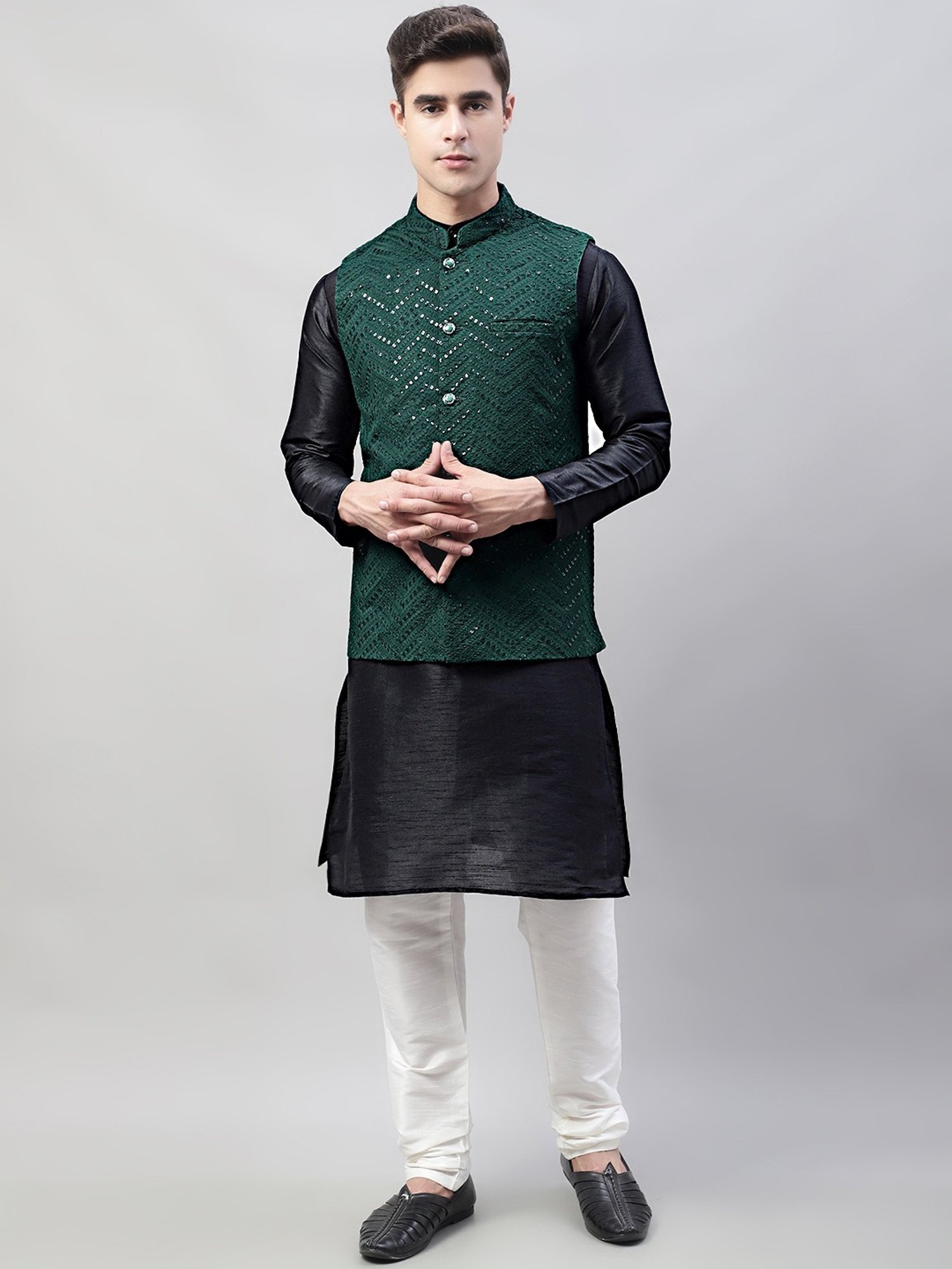 Jompers Olive Regular Fit Embroidered Nehru Jacket