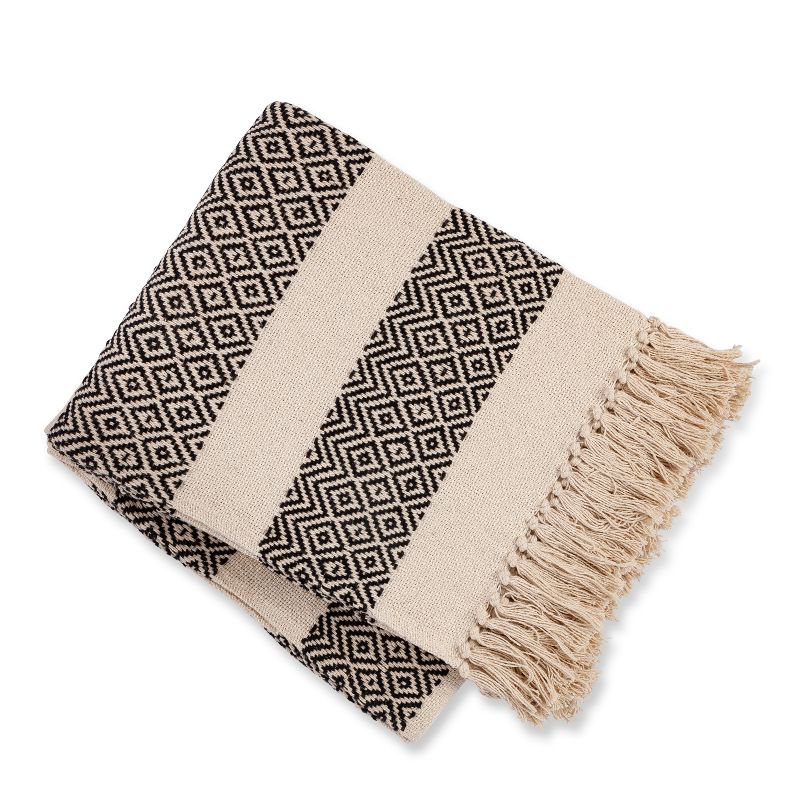 Lone Elm Studios 50"L X 60"W 100% Cotton Throw Blanket, ebony and ivory
