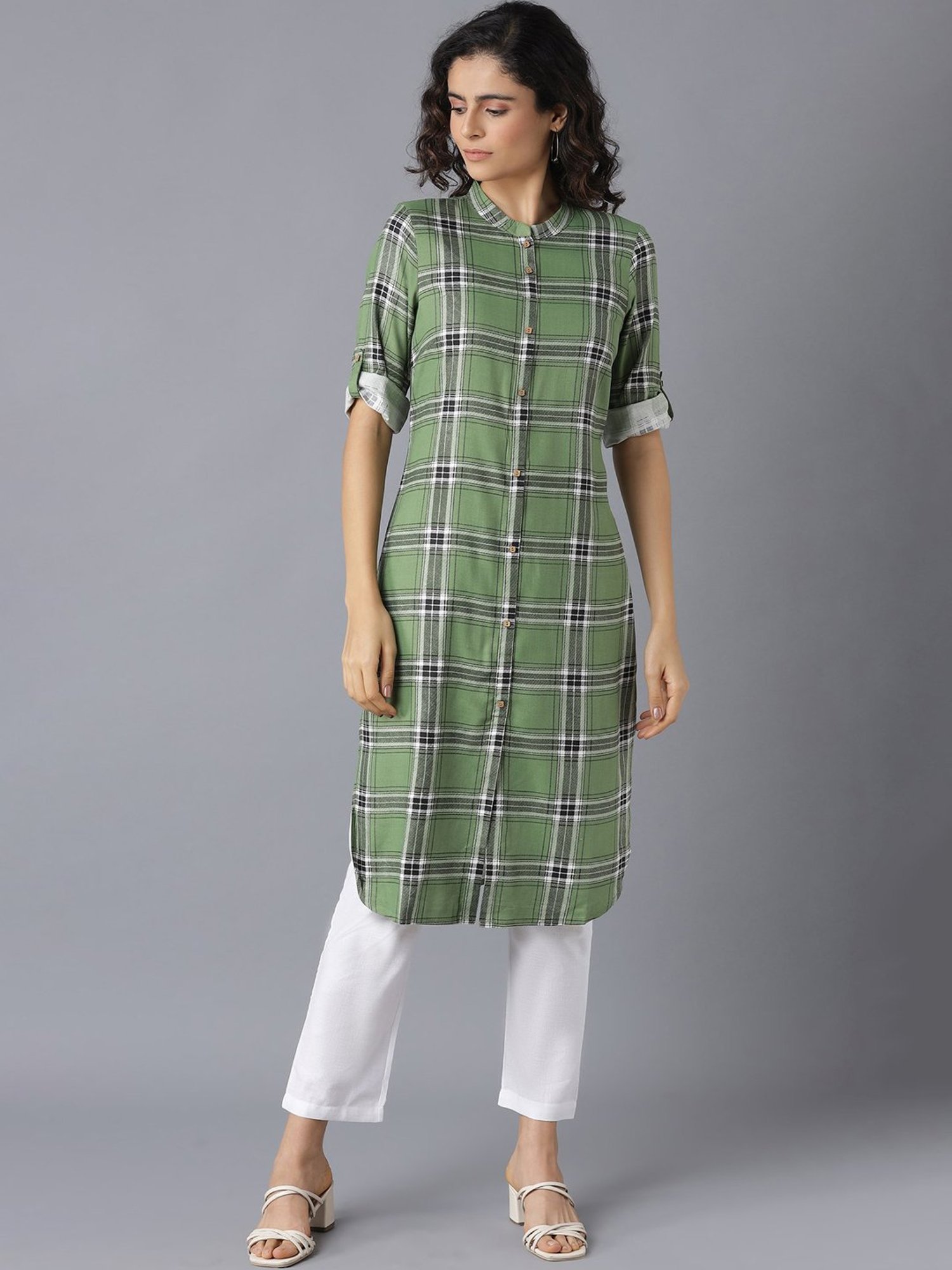 Aurelia Green Chequered Kurta Pant Set
