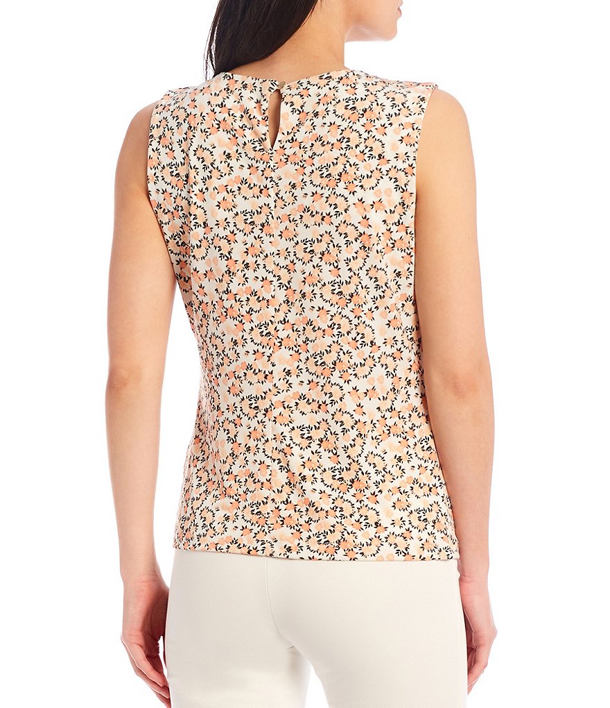 Calvin Klein Ditsy Print Sleeveless Matte Jersey Pleat Round Neck Top