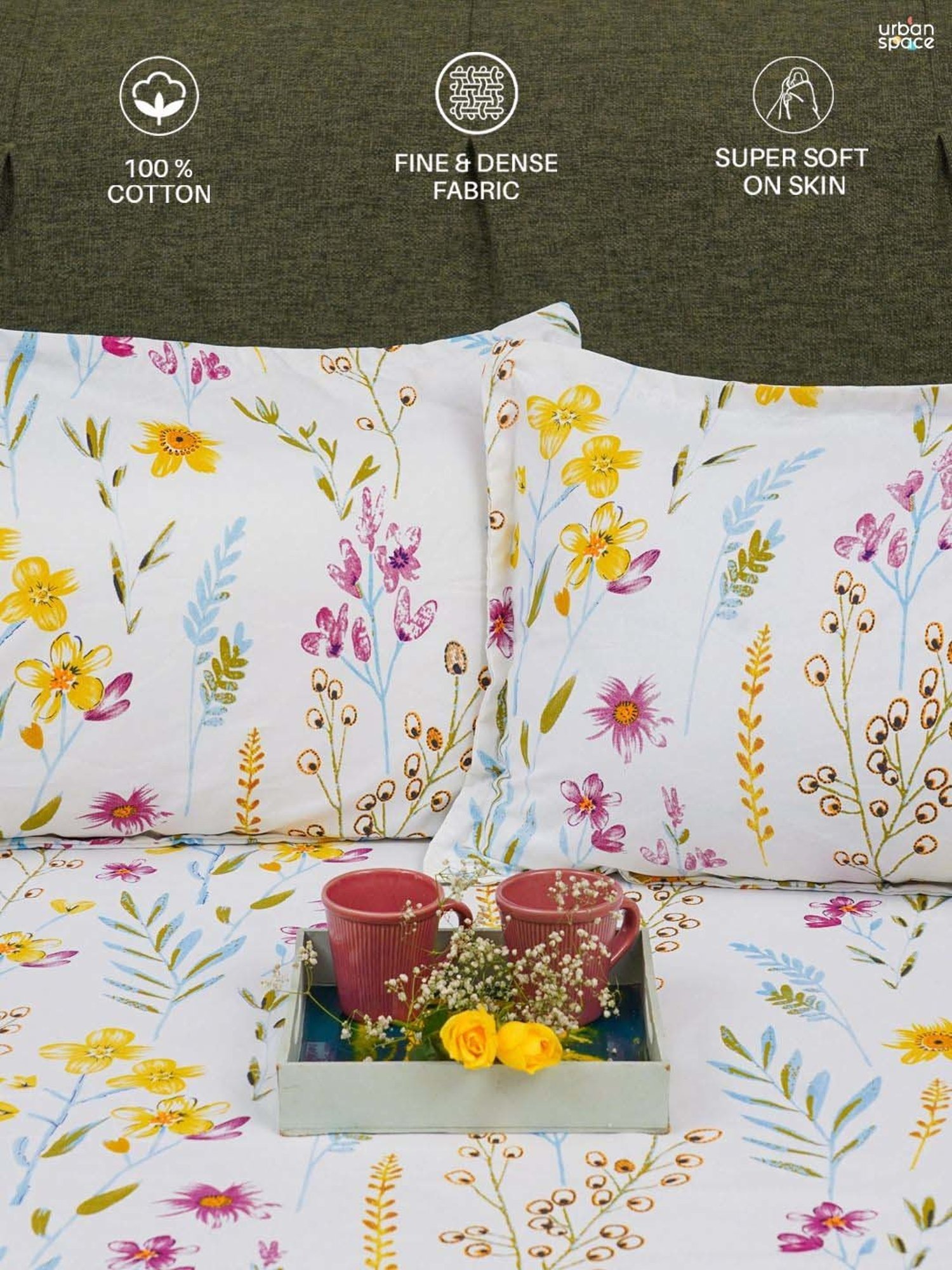 Urban Space White & Yellow Cotton 200 TC Single Bedsheet with 1 Pillow Cover