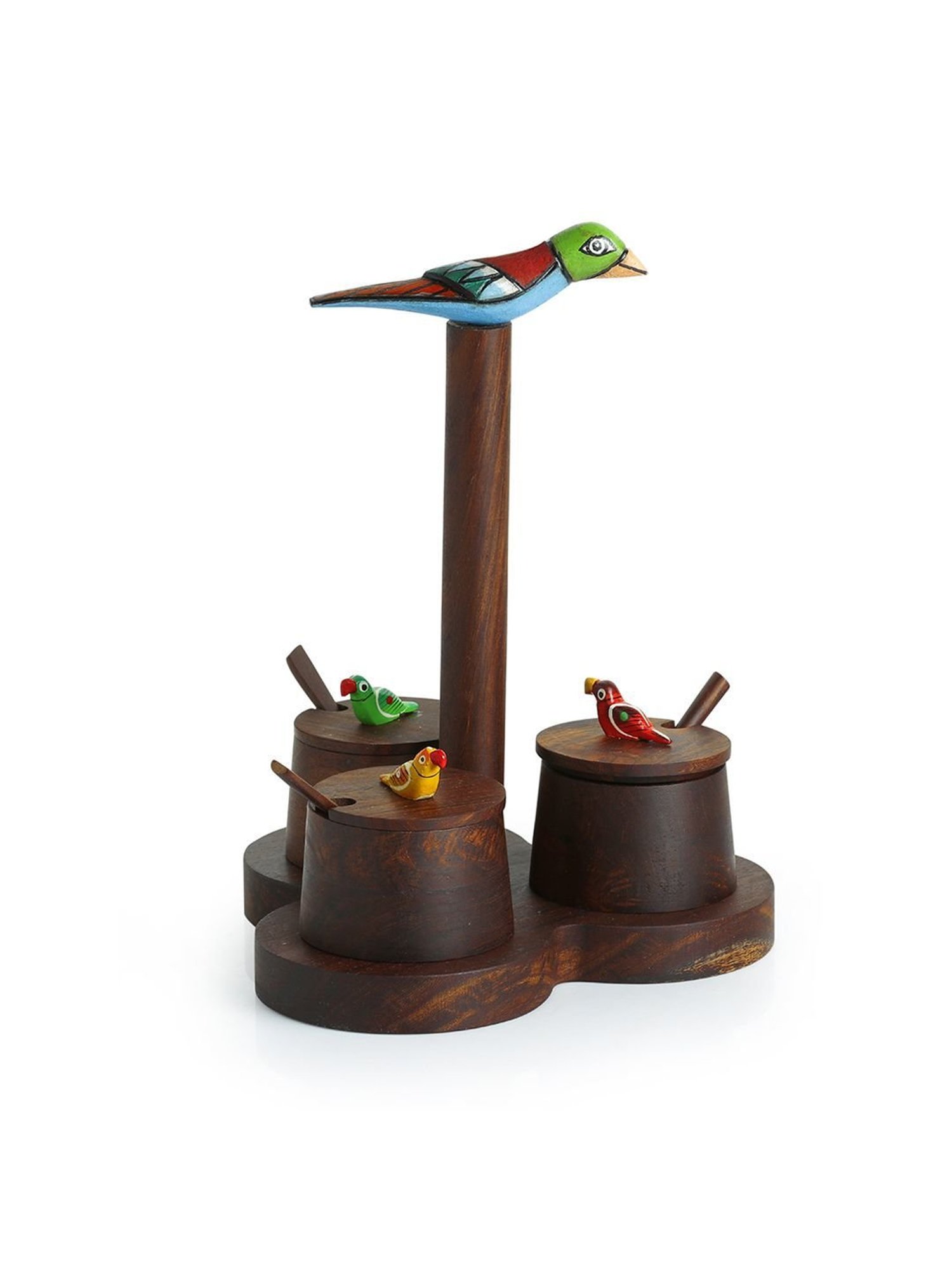 ExclusiveLane 'The Perched Family' Jar Set With Tray & Spoons In Sheesham Wood