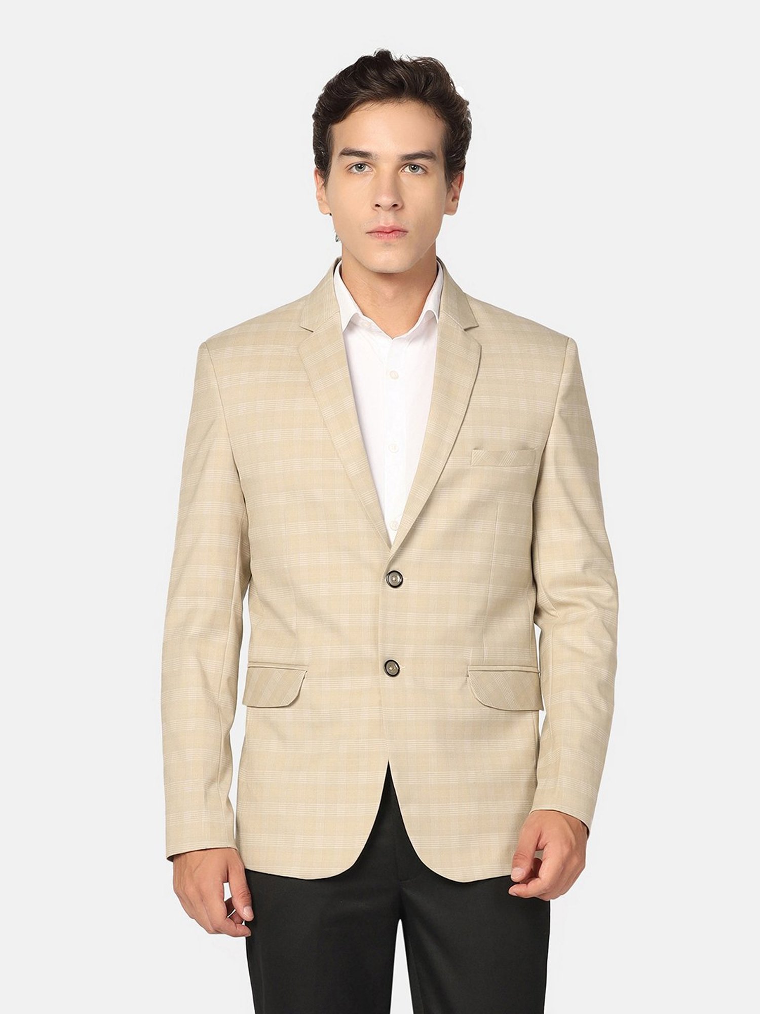 TAHVO Beige Slim Fit Check Blazer