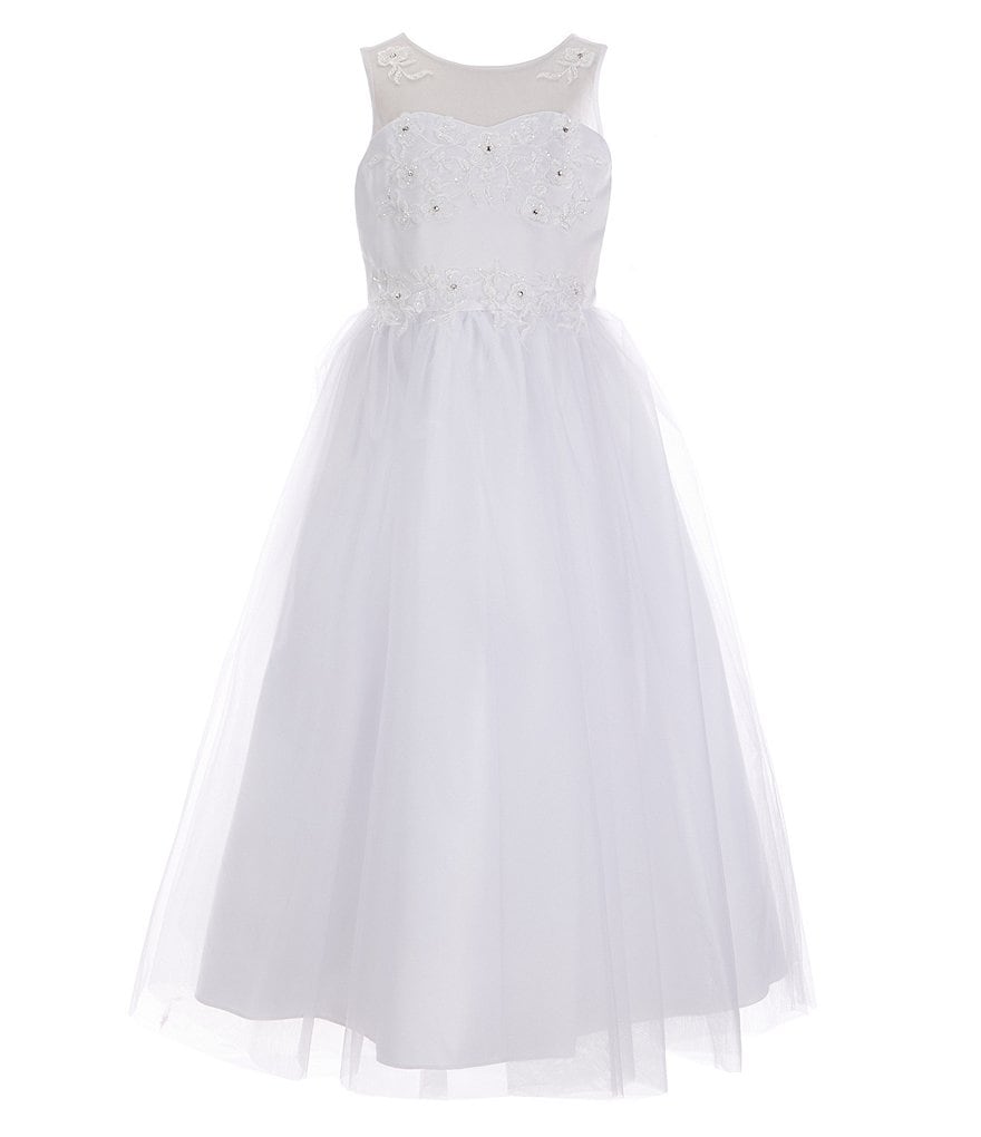 Us Angels Big Girls 6-14 Sleeveless Embroidered Illusion Beaded Bodice With Tulle Skirt Communion Dress