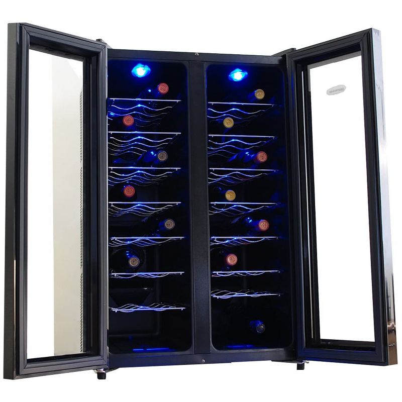 New Air 32 Bottle Dual Zone Quiet Freestanding Thermoelectric Refrigerator Wine Cooler Display Case w/ Digital Controls and Interior LED Light, Black