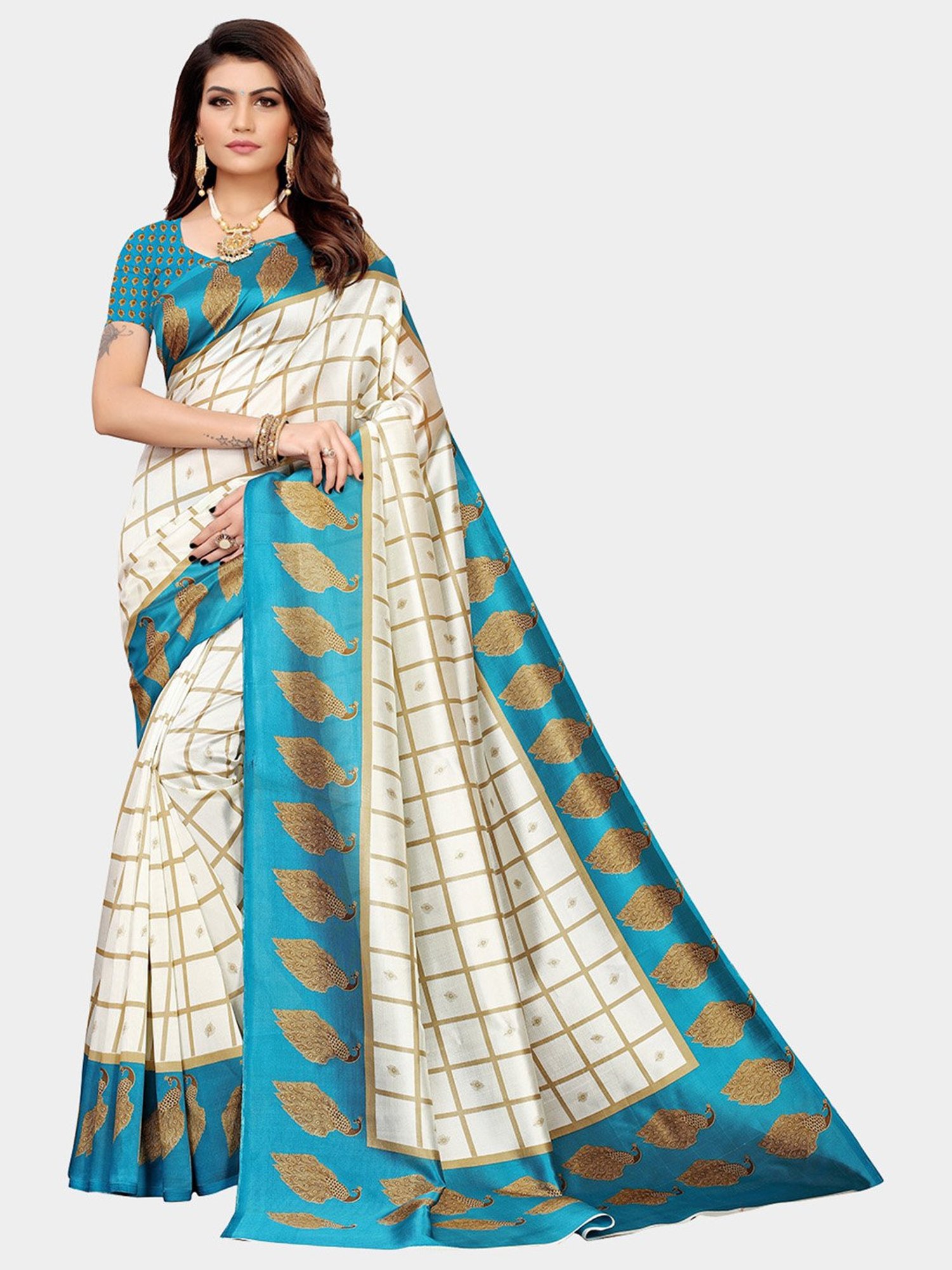 KSUT Blue & Beige Check Saree With Blouse