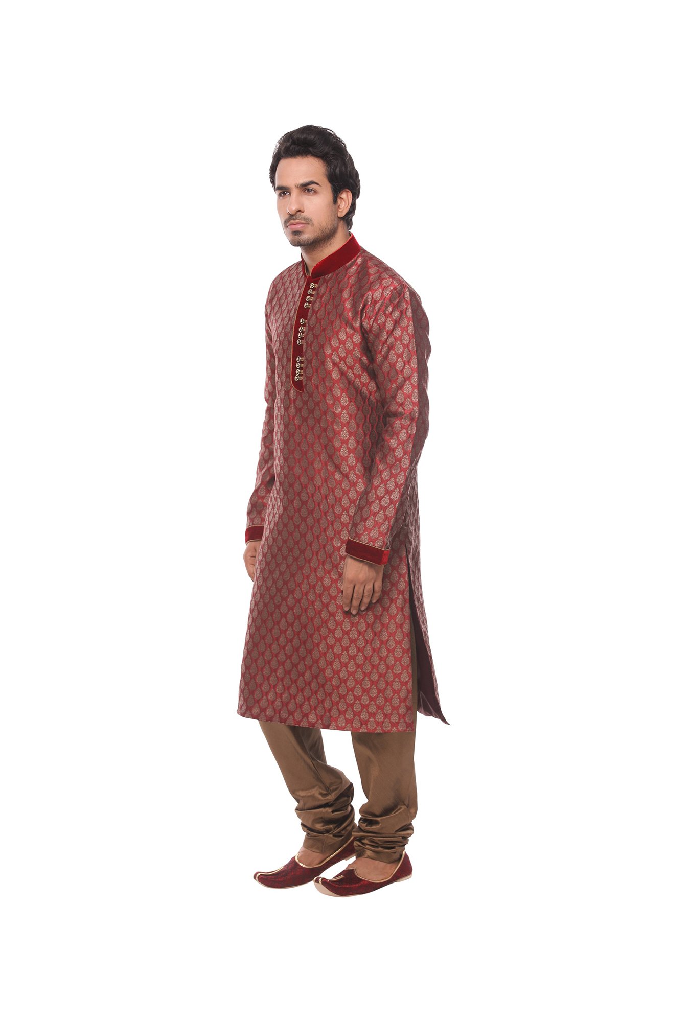 Manyavar Maroon Self Design Kurta & Churidar Set
