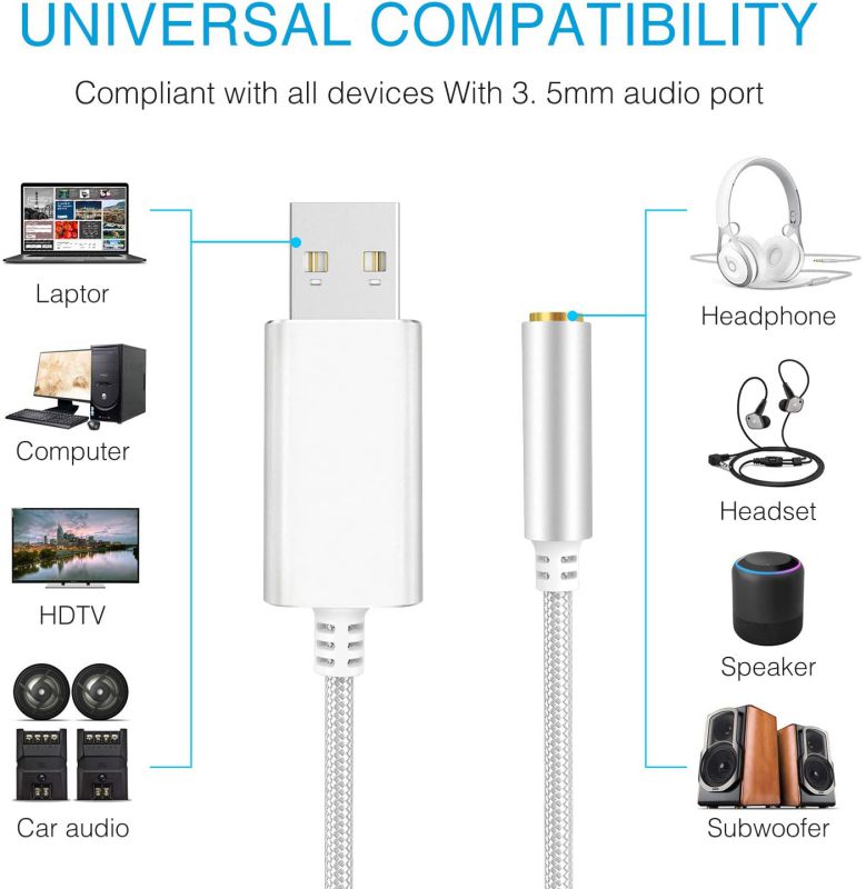 CUUWE USB to 3.5mm Jack Audio Adapter, USB to Aux Cable with TRRS 4-Pole Mic-Supported USB to Headphone AUX Adapter Built-in Chip External Sound Card for PC PS4 PS5 and More [7.69 inch]