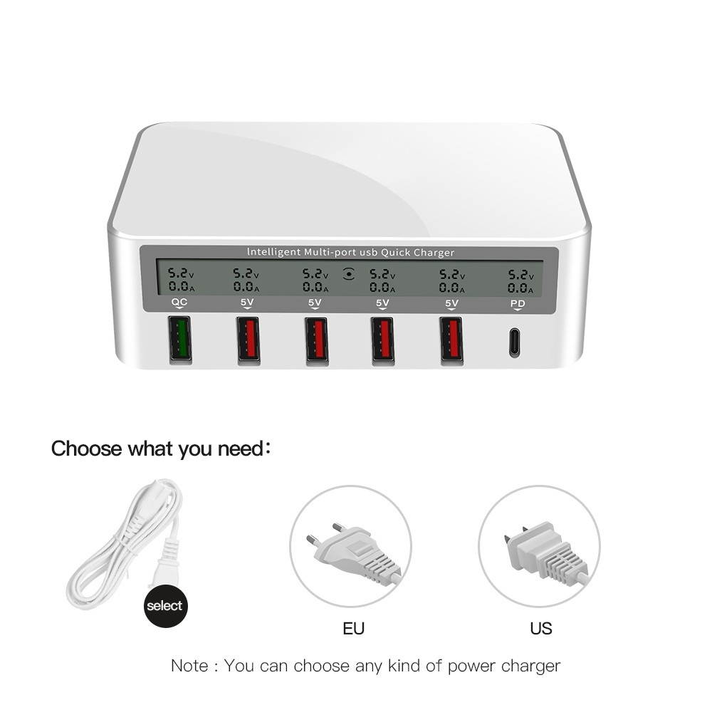 818 Intelligent Multi-port USB Fast Charger Adaptive LCD Display Quick Charge QC 3.0 Type-C Port EU Plug