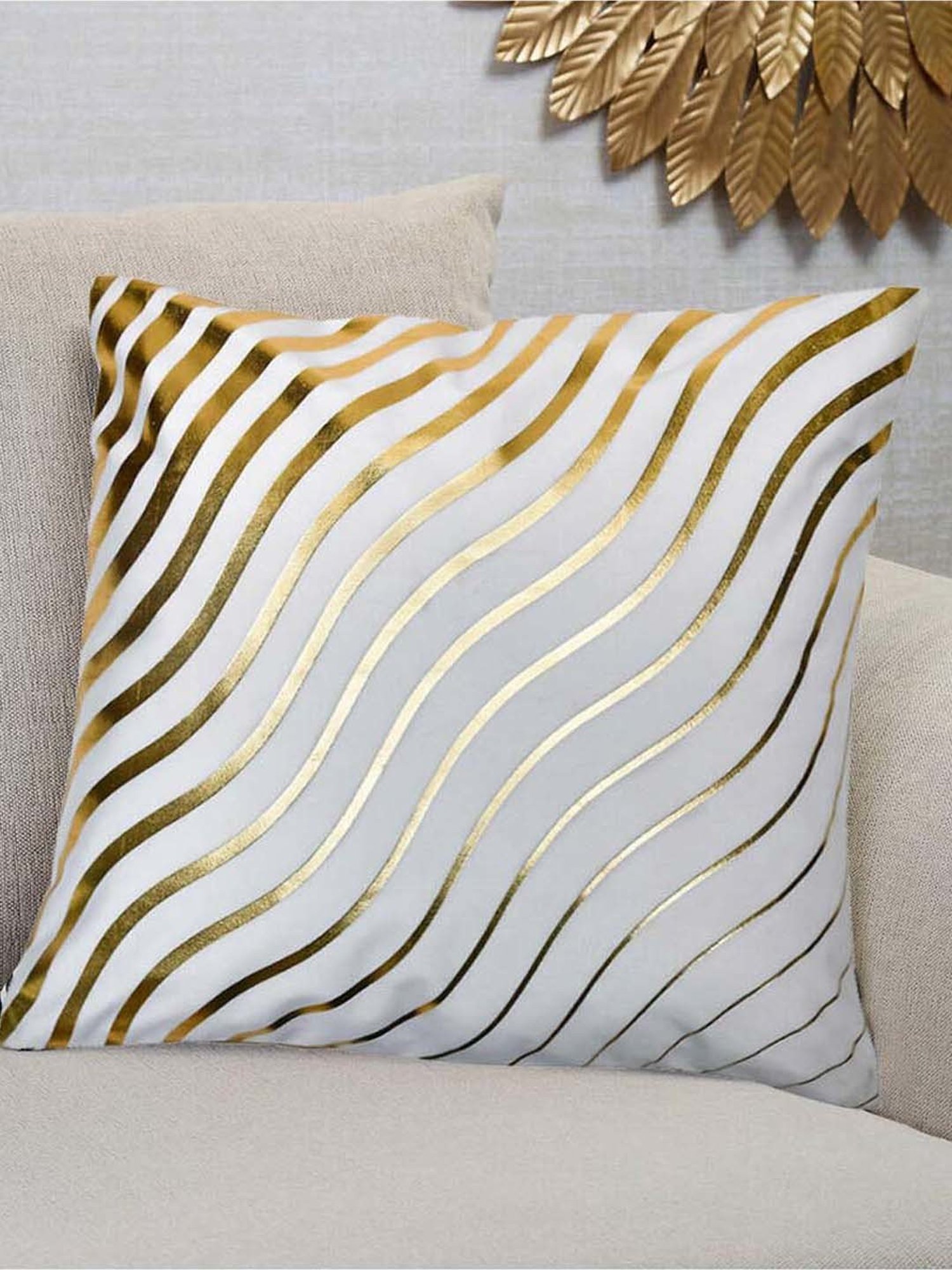 @home Nilkamal Off White & Gold Polyester Cushion Cover
