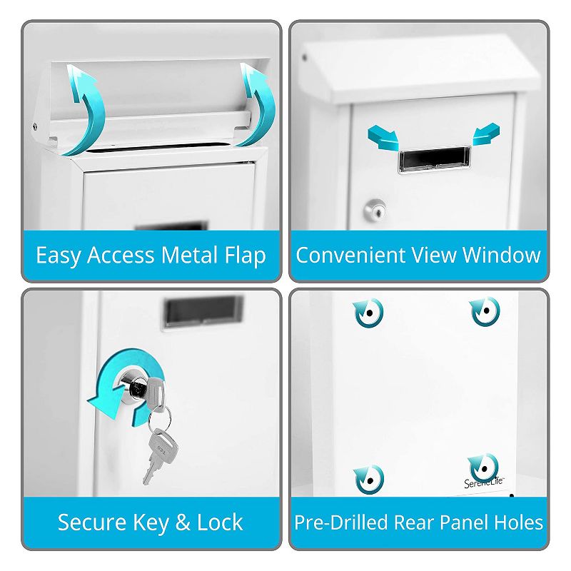 SereneLife SLMAB01 Home Indoor Outdoor Galvanized Steel Metal Wall Mount Locking Mailbox Newspaper Holder with View Window and Keys, White (2 Pack)