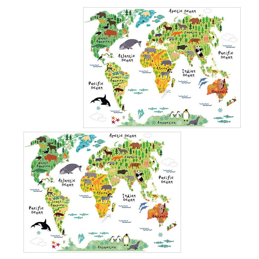 2pcs Animal World Map Sticker Chic Wallpaper Unique Wall Decal Decorative Sticker for Kids Room Home