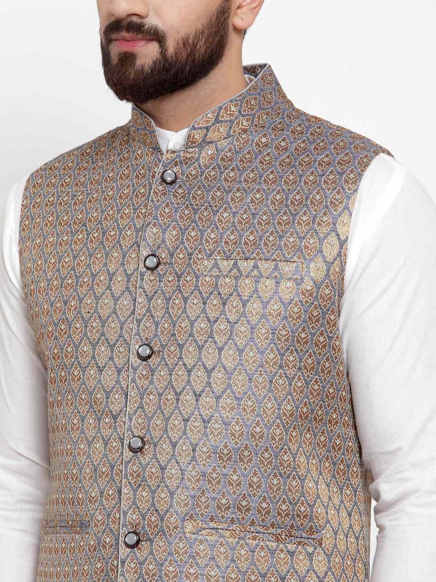 Treemoda Blue Golden Regular Fit Self Pattern Nehru Jacket