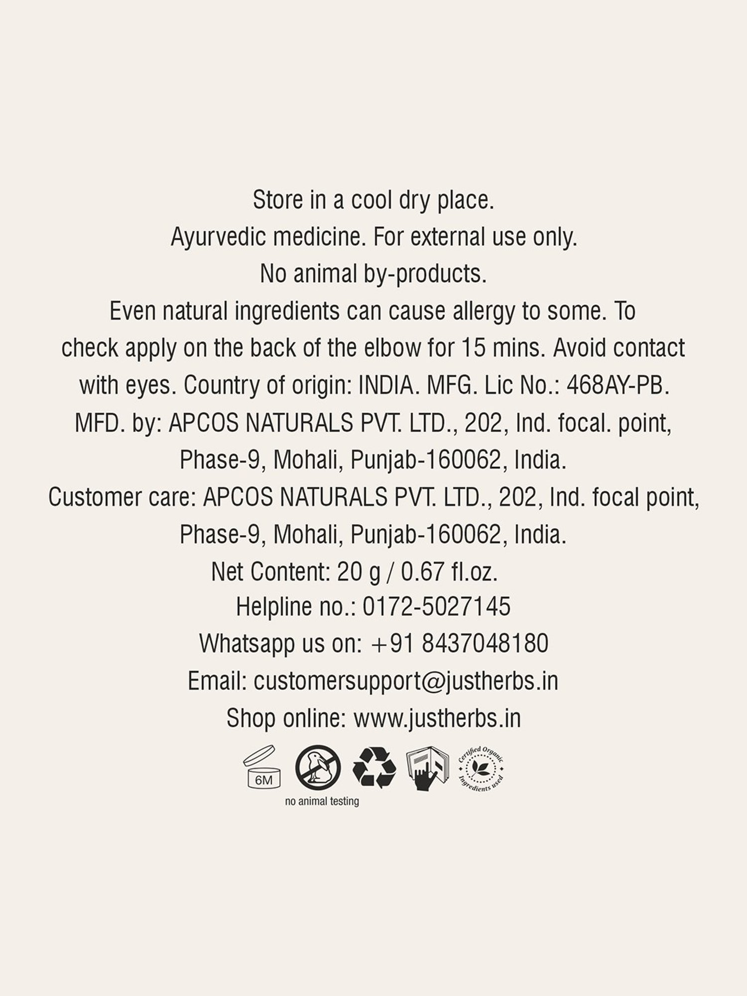 JUST HERBS Green Tea + Carrot Seed Nourishing Under Eye Gel - 20 gm