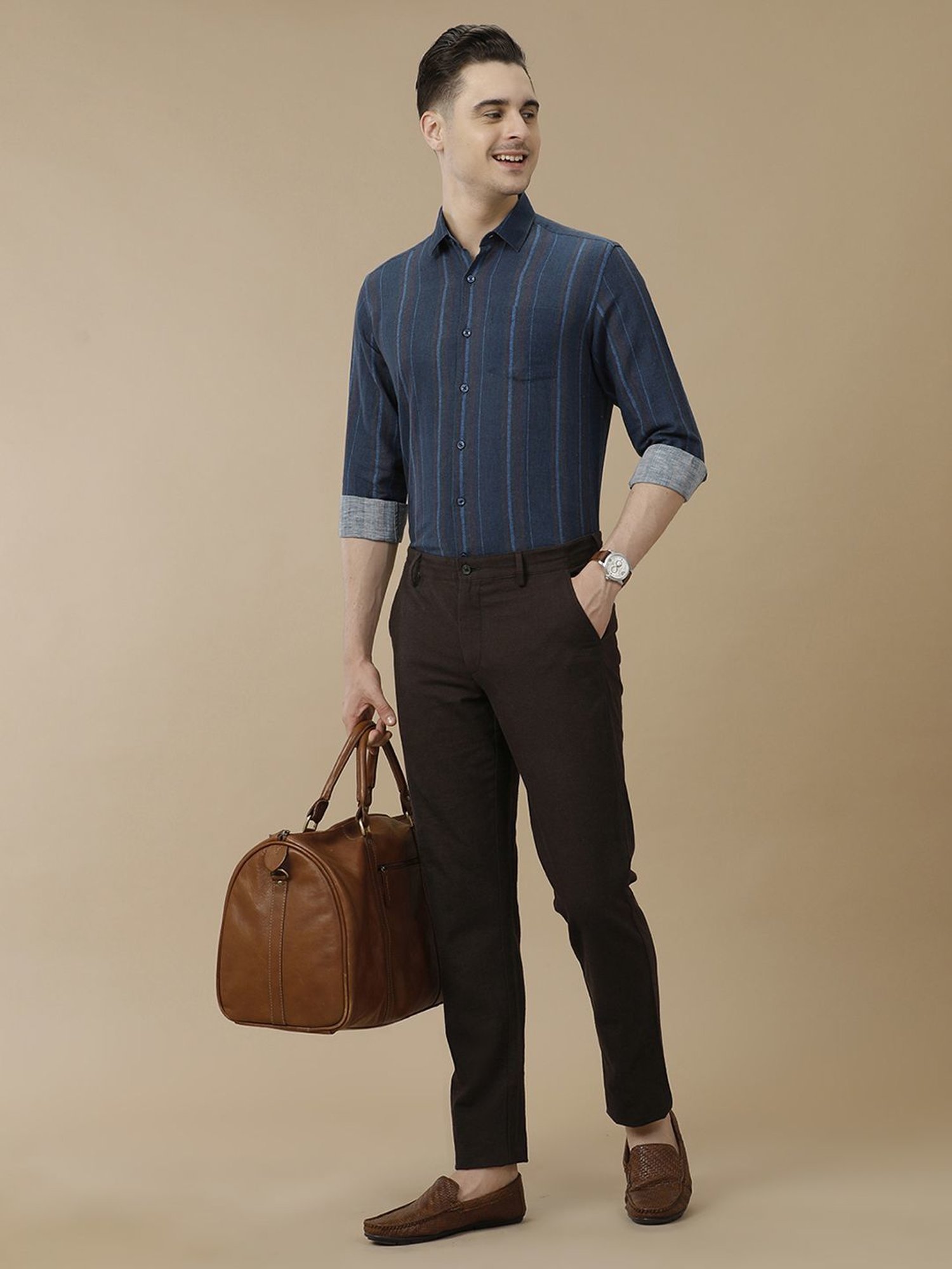 Linen Club Blue Linen Contemporary Fit Striped Shirt