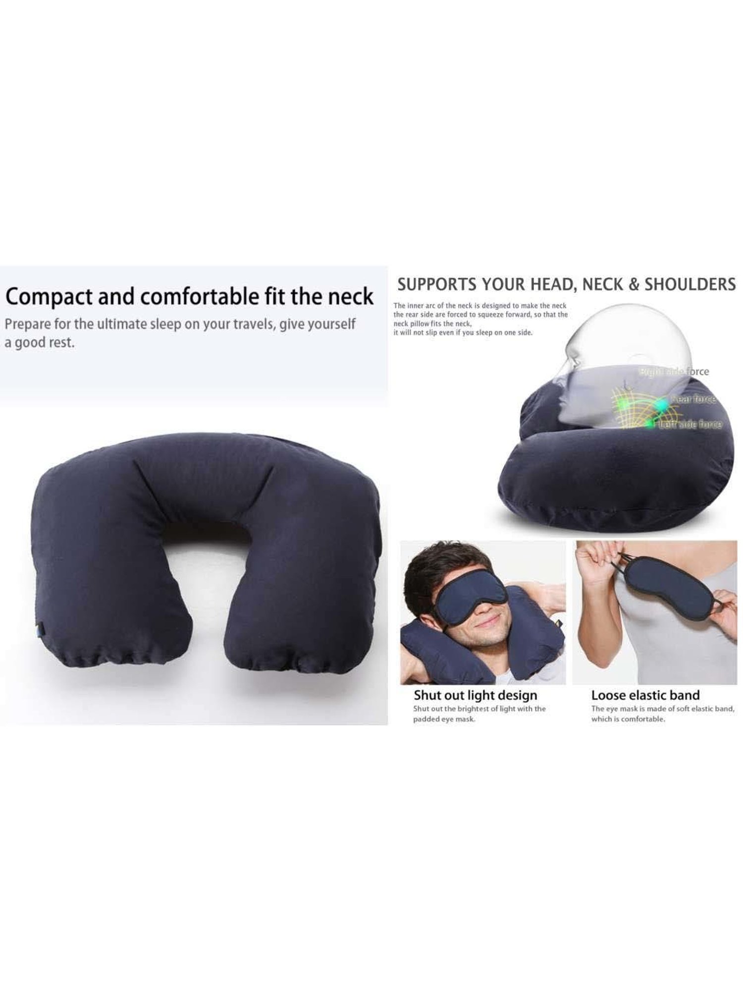 Travel Blue Navy Inflatable Neck Pillow with Eye Mask