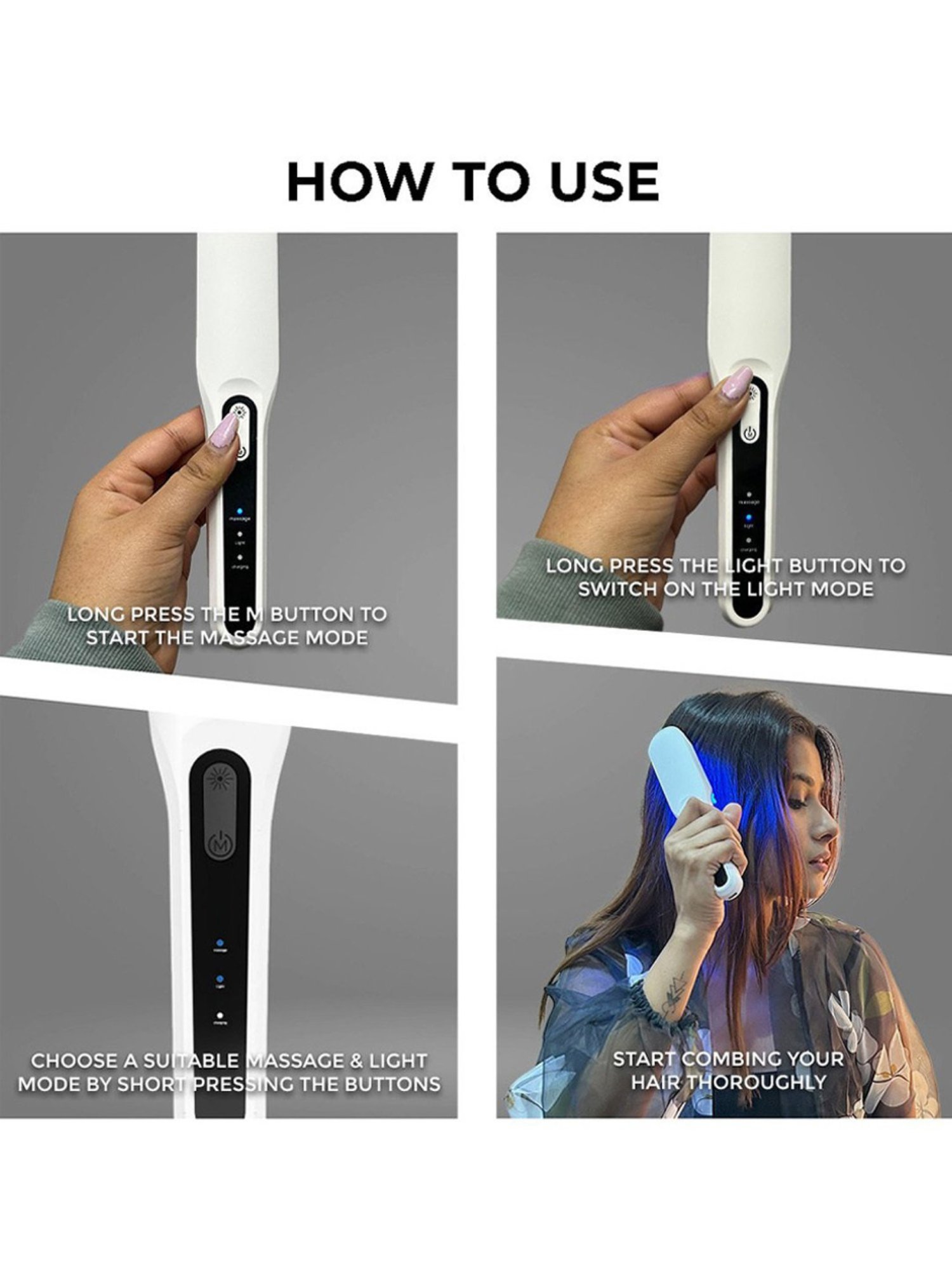 Winston Rechargeable Led Comb for Hair Growth, Vibration Scalp Massage - White