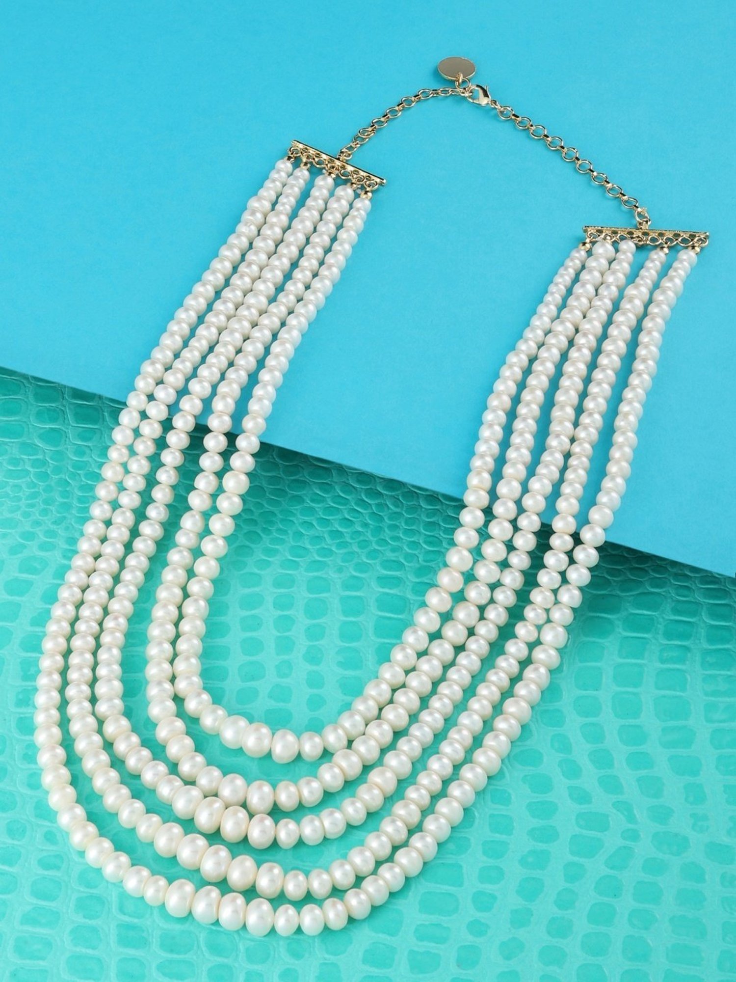 Zaveri Pearls White Freshwater 5Mm-10Mm Graduation Button Pearls Multi Layers Necklace-ZPFK13818